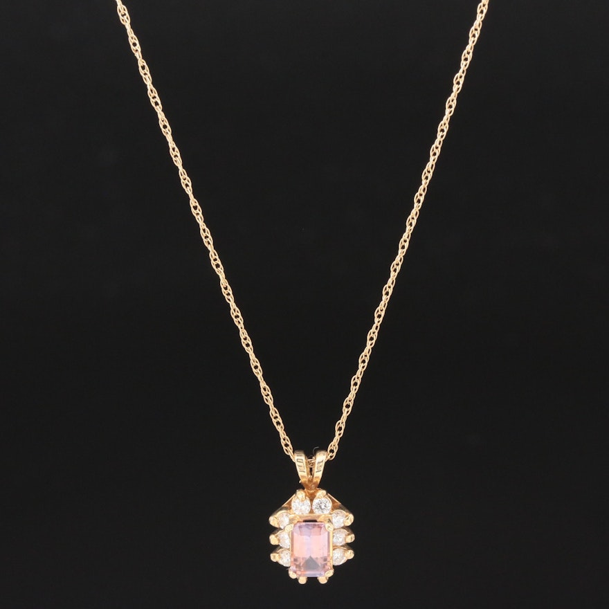 14K Yellow Gold Pink Sapphire and Diamond Pendant Necklace