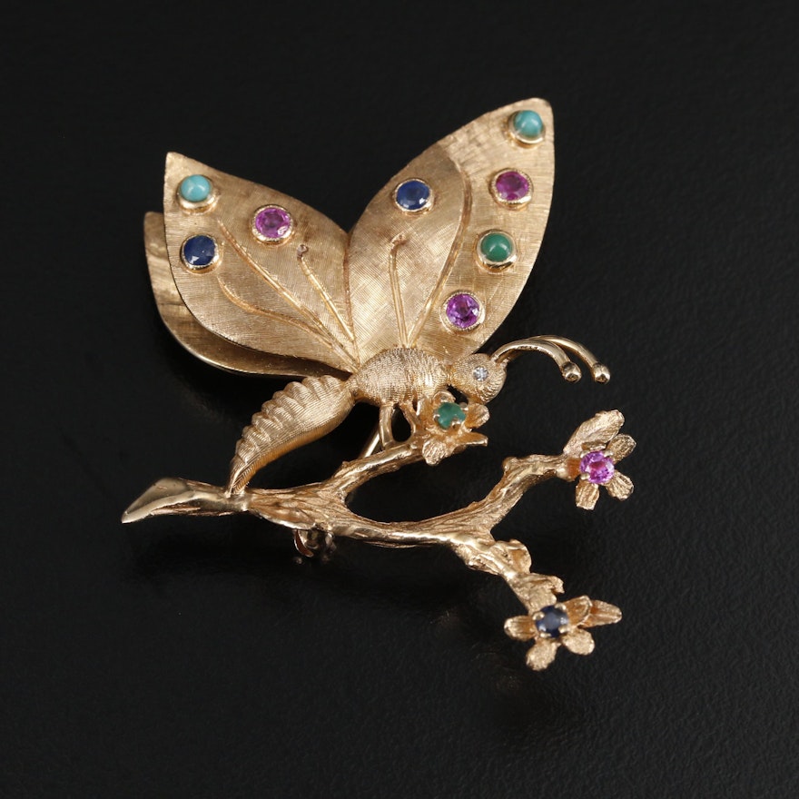 14K Yellow Gold Diamond and Gemstone Butterfly and Floral Motif Brooch