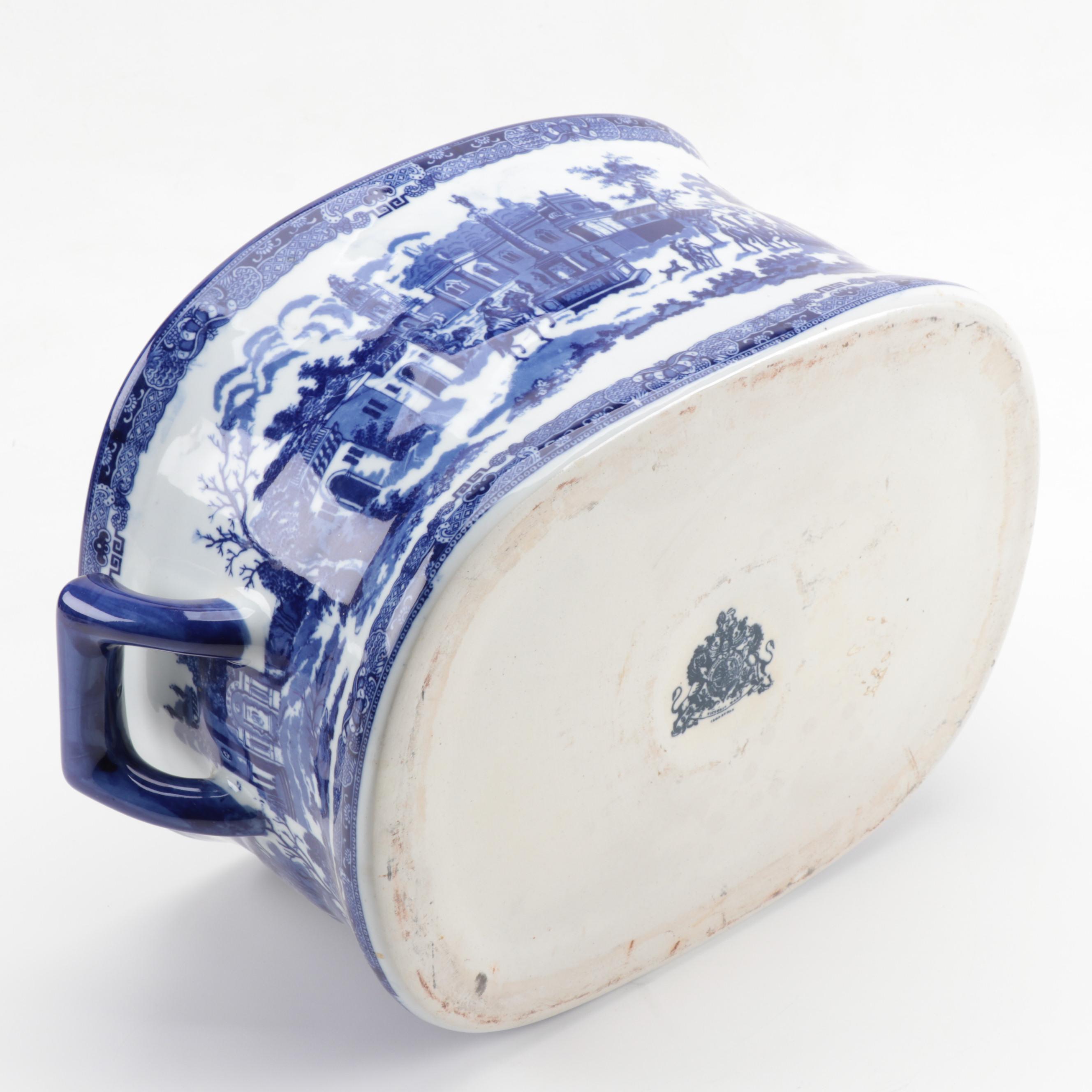 Victoria Ware Blue and White Transfer Printed Ironstone Jardiniere/Footbath