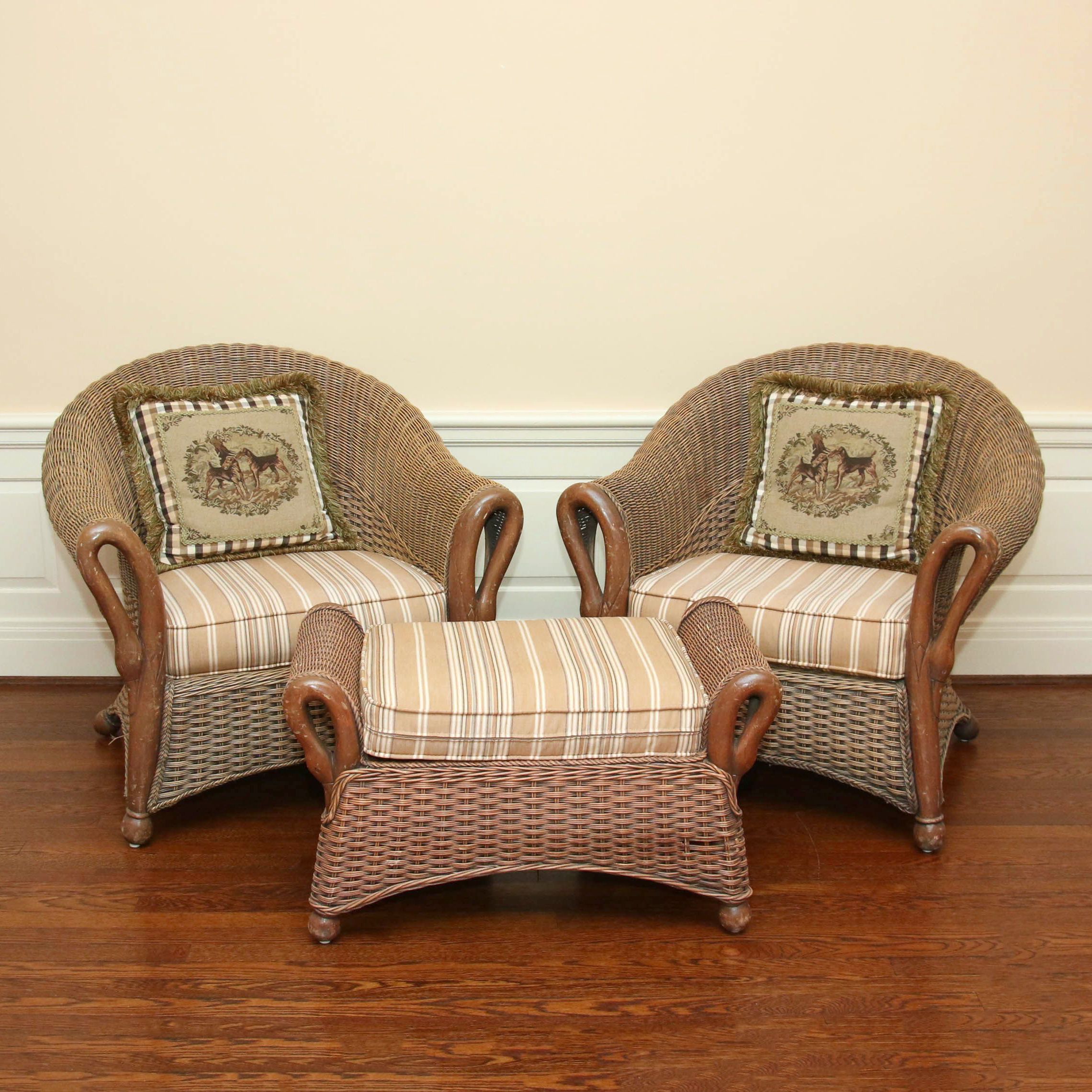 Pair of Wicker Armchairs with Duck-Carved Arms Plus Footstool and Accent Pillows