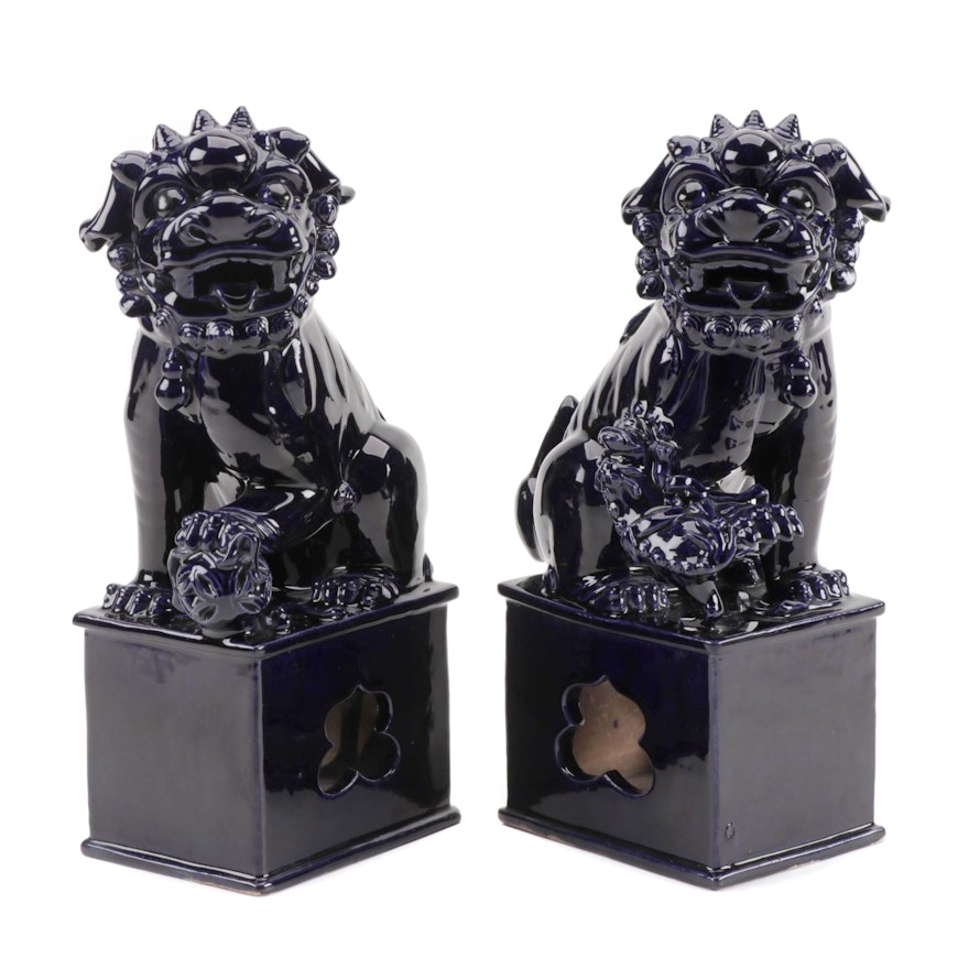 Pair of Chinese Cobalt Glaze Porcelain Guardian Lions, Ming Dynasty