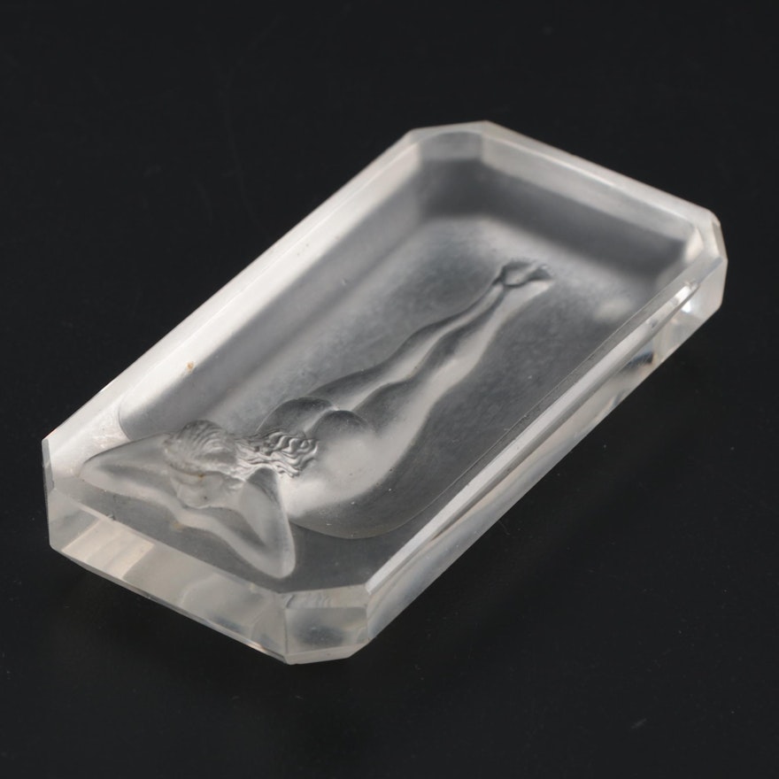 Bohemian Art Deco Crystal Pin Dish of Bathing Nude