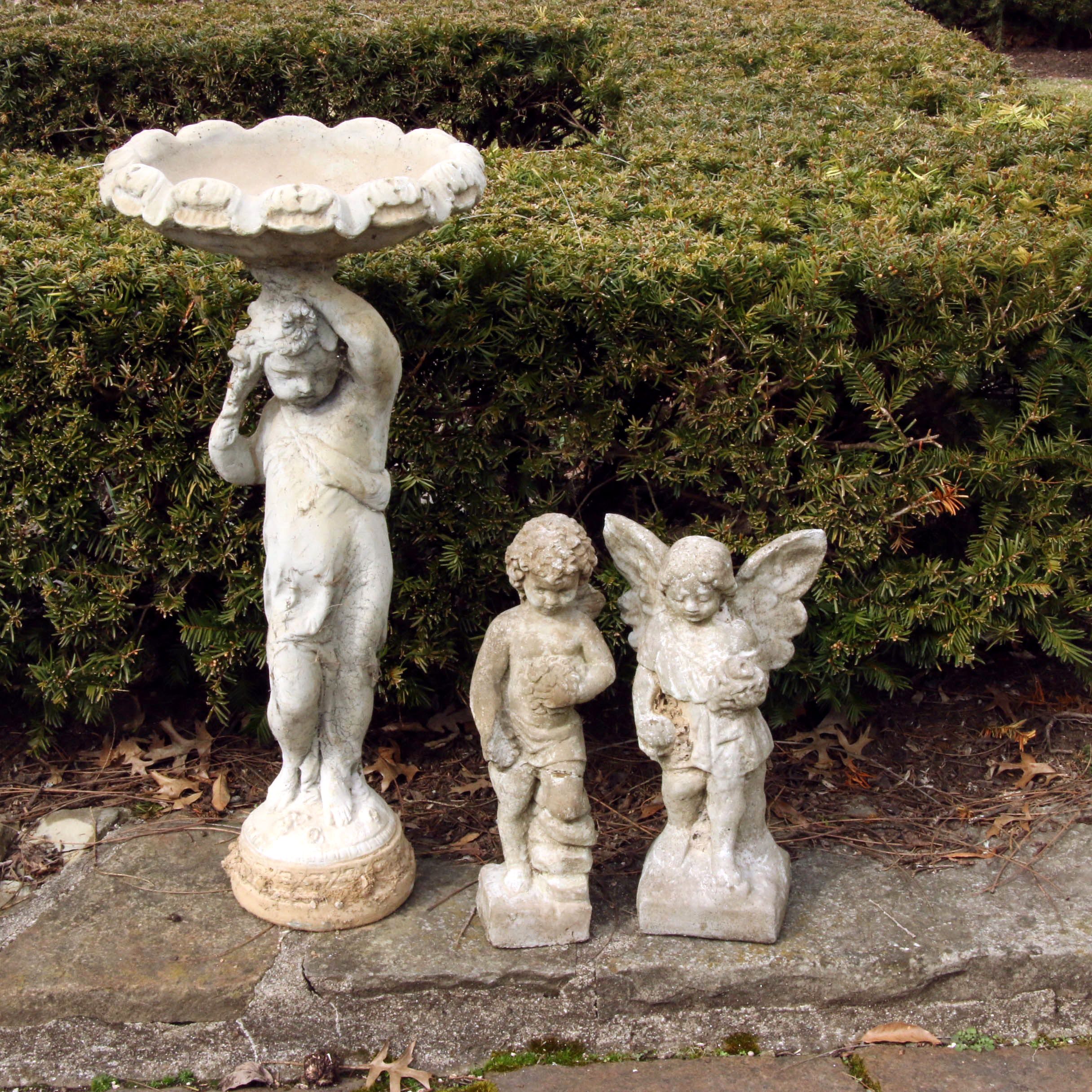 Cherub Bird Bath and Concrete Garden Statues