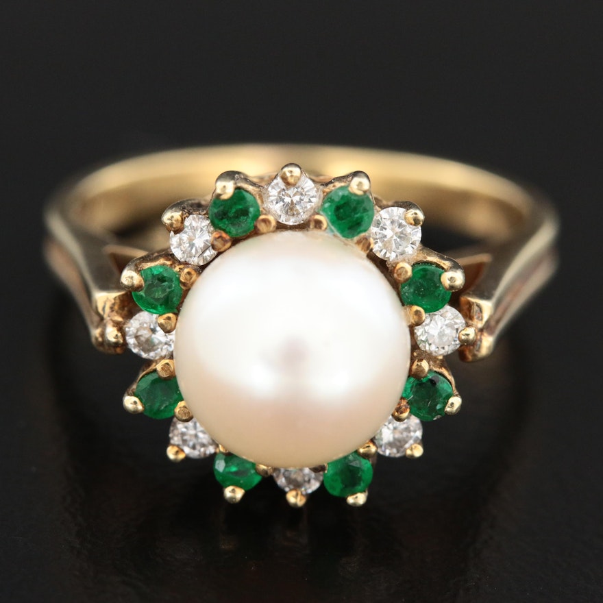 Vintage 14K Yellow Gold Ring with Pearl, Emerald and Diamond