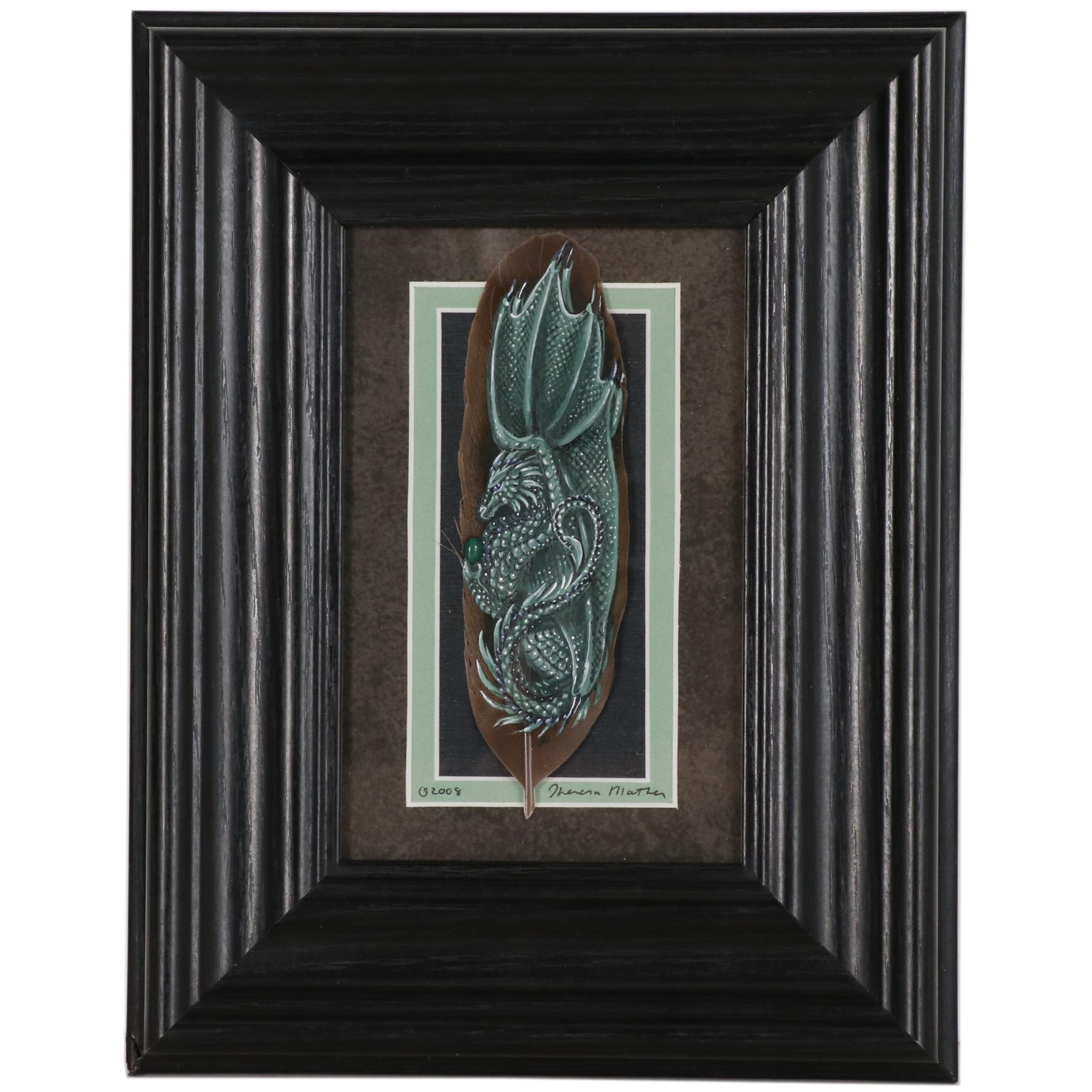 Theresa Mather Acrylic Painting on Feather "Malachite Dragon"