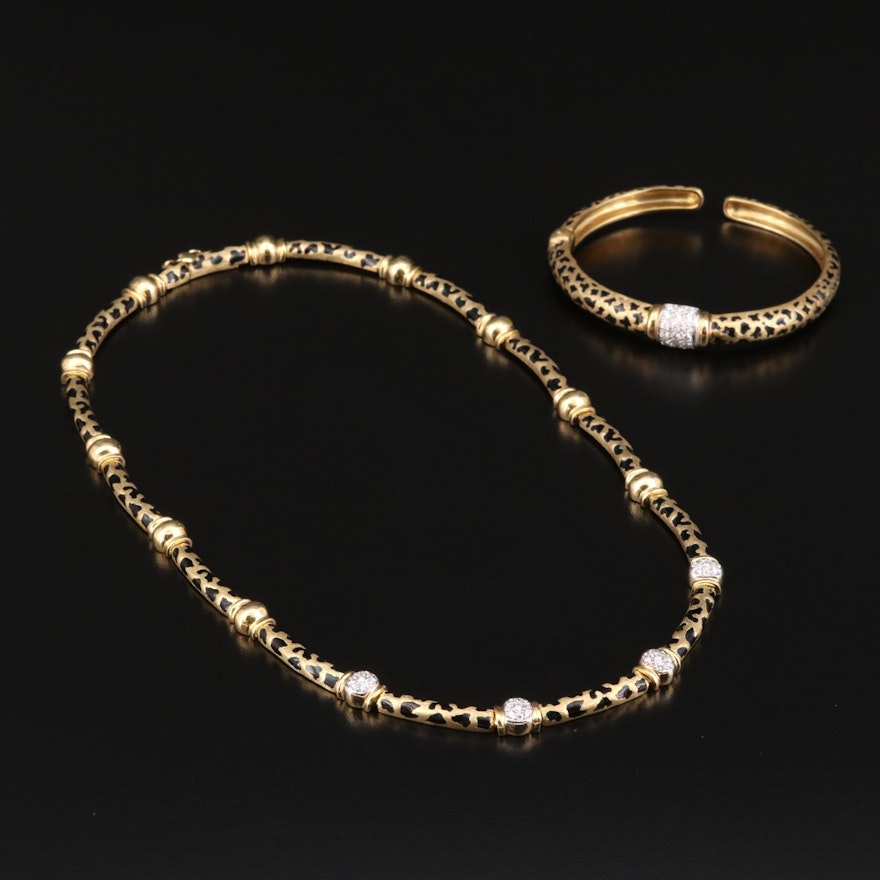 18K Yellow Gold 1.07 CTW Diamond and Enamel Leopard Print Bracelet and Necklace