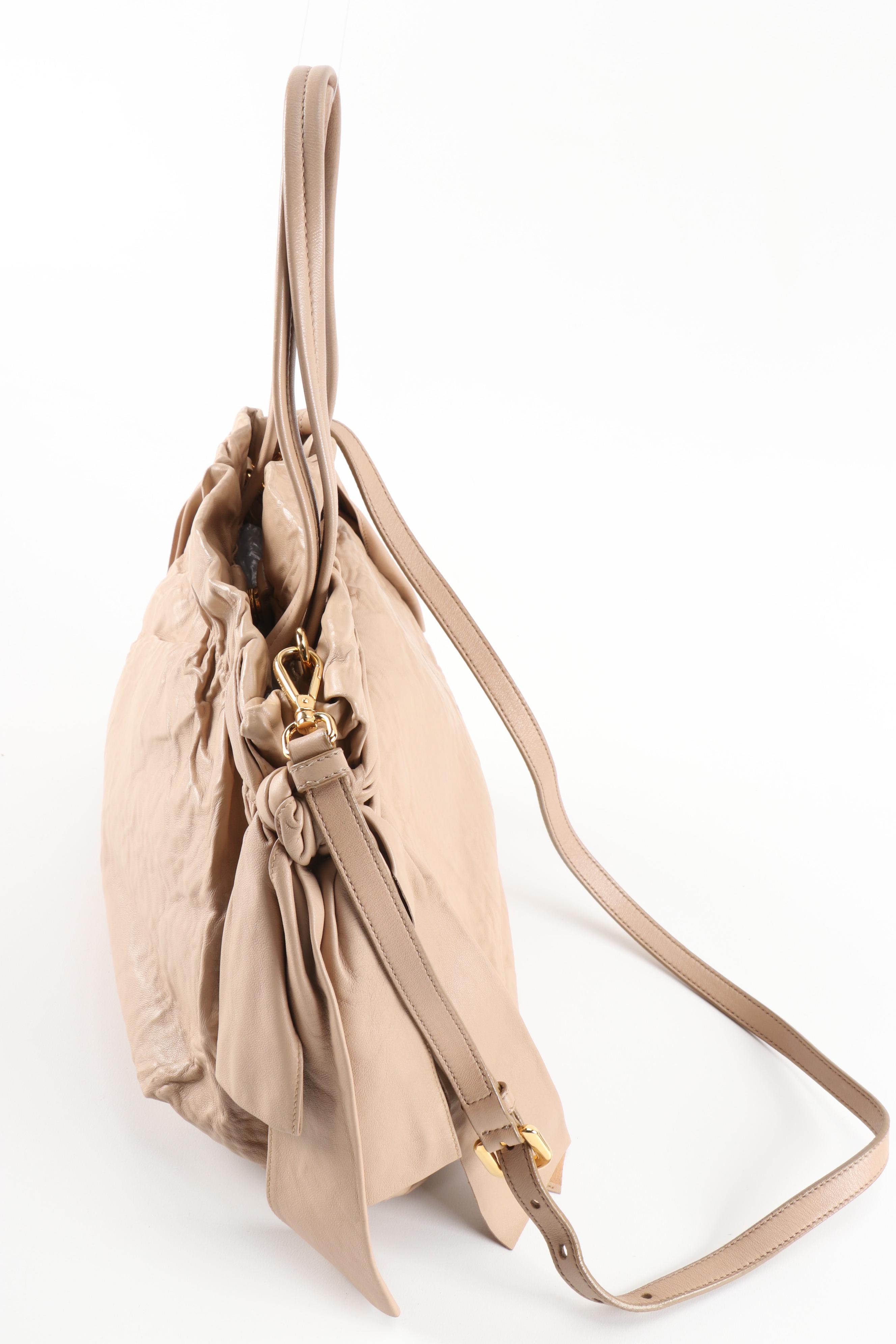 Prada Small Bow Bag in Beige Antique Nappa Leather with Shoulder Strap