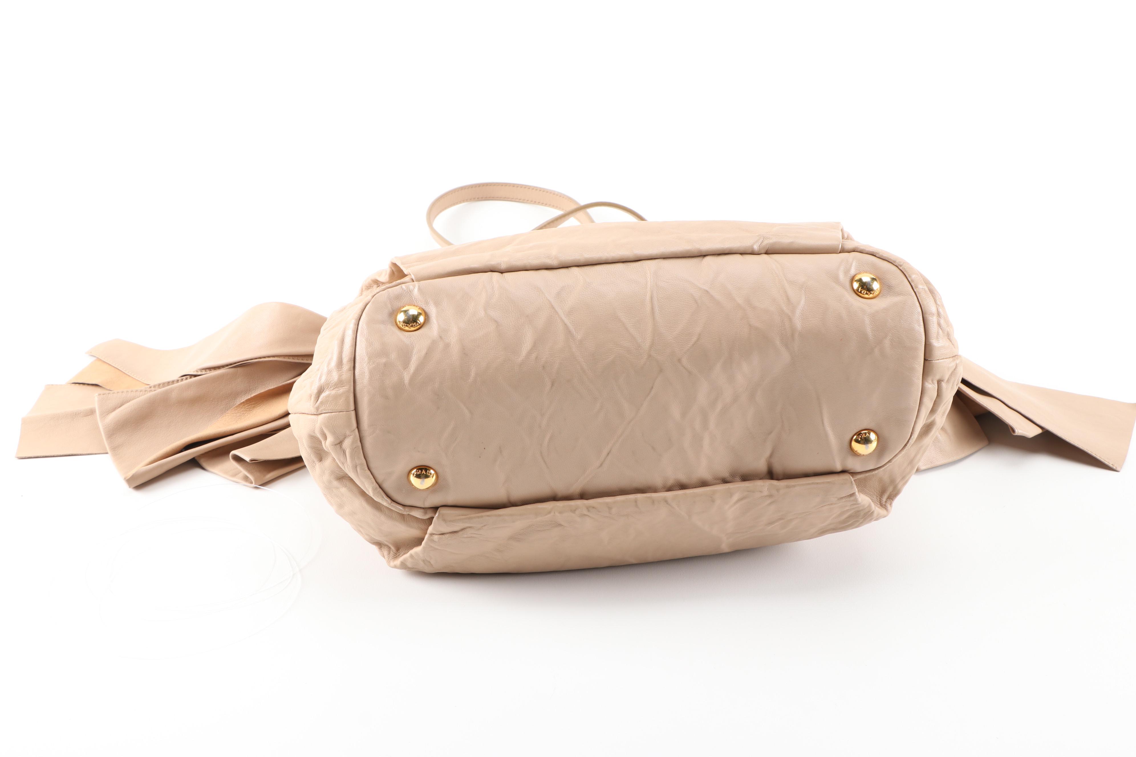 Prada Small Bow Bag in Beige Antique Nappa Leather with Shoulder Strap