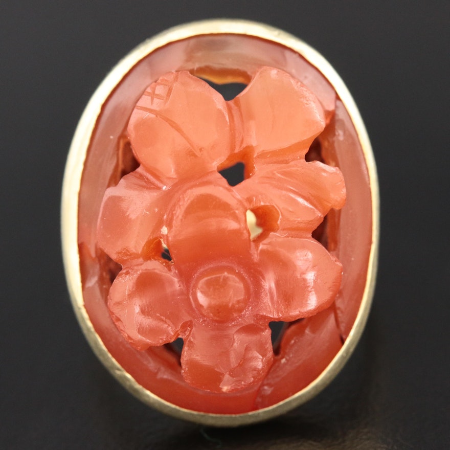 14K Yellow Gold Carnelian Carved Flowers Ring