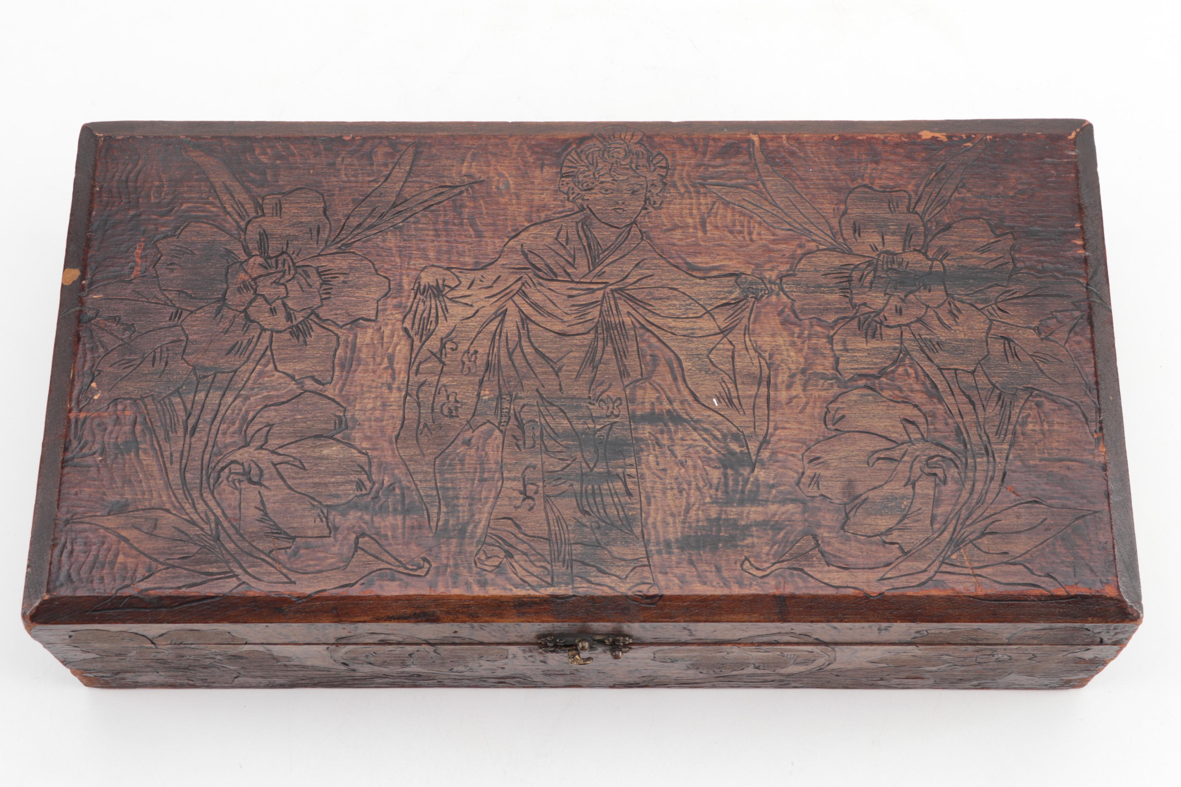 Two Figural Pyrography Boxes