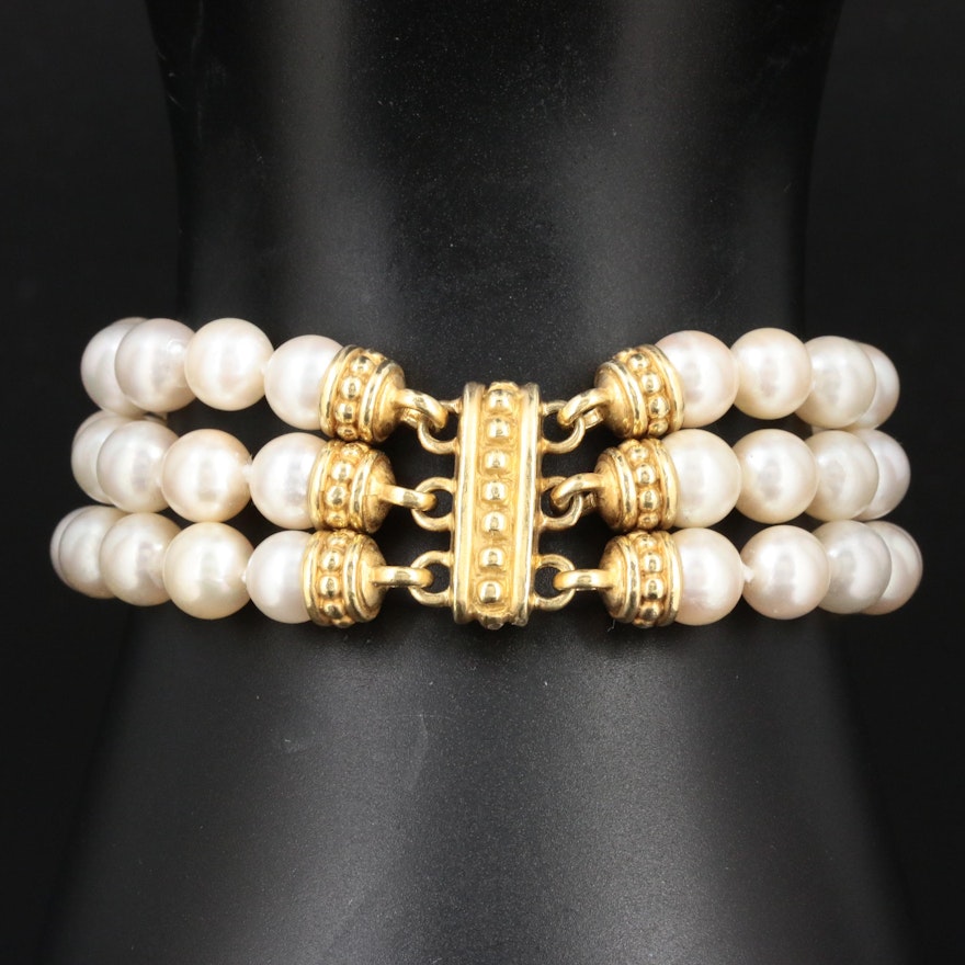 18K Yellow Gold Cultured Pearl Multi-Strand Bracelet