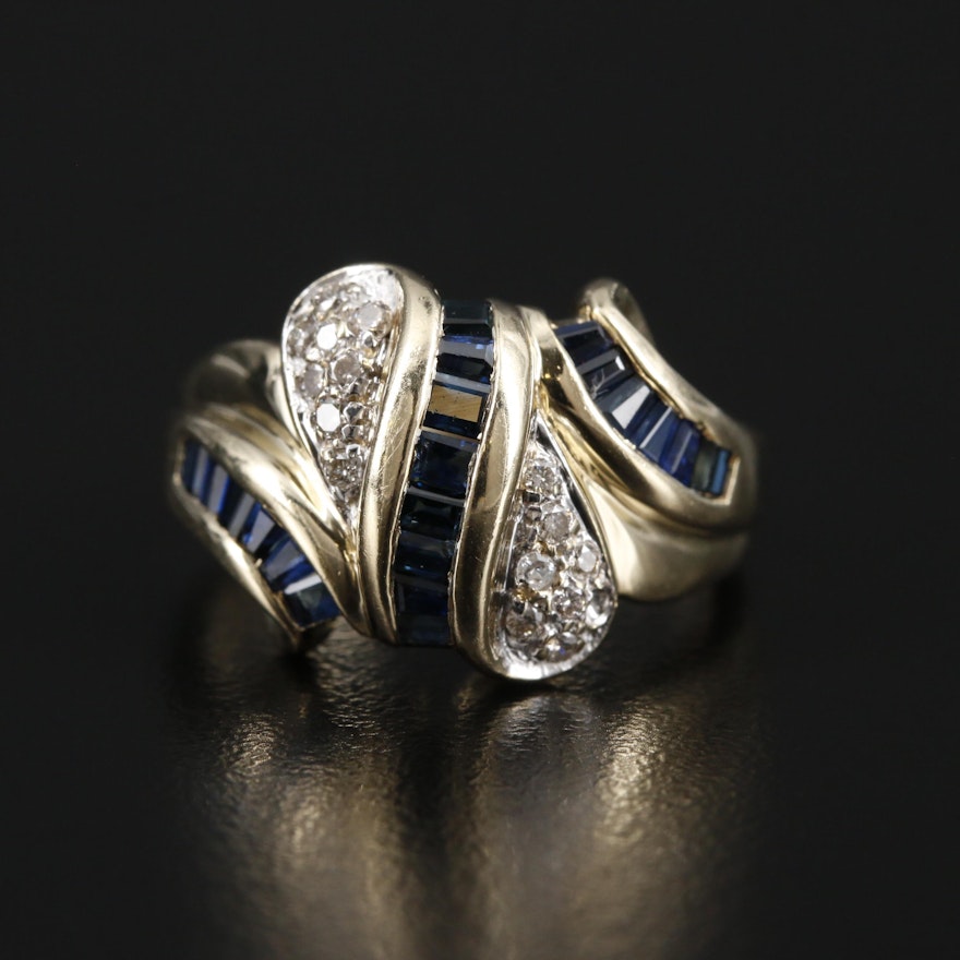 14K Gold Diamond and Sapphire Ribbon Ring