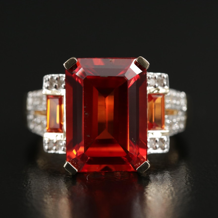 14K Yellow Gold Synthetic Orange Sapphire and Diamond Ring