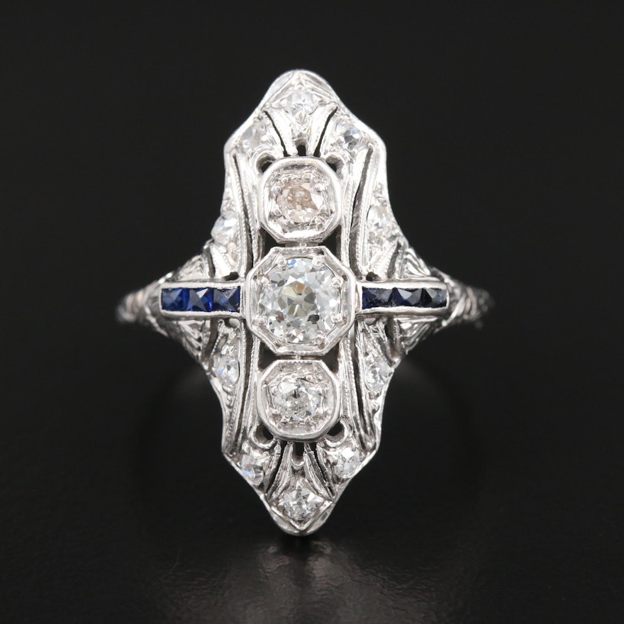 Art Deco Platinum Palladium Alloy Diamond and Synthetic Sapphire Ring