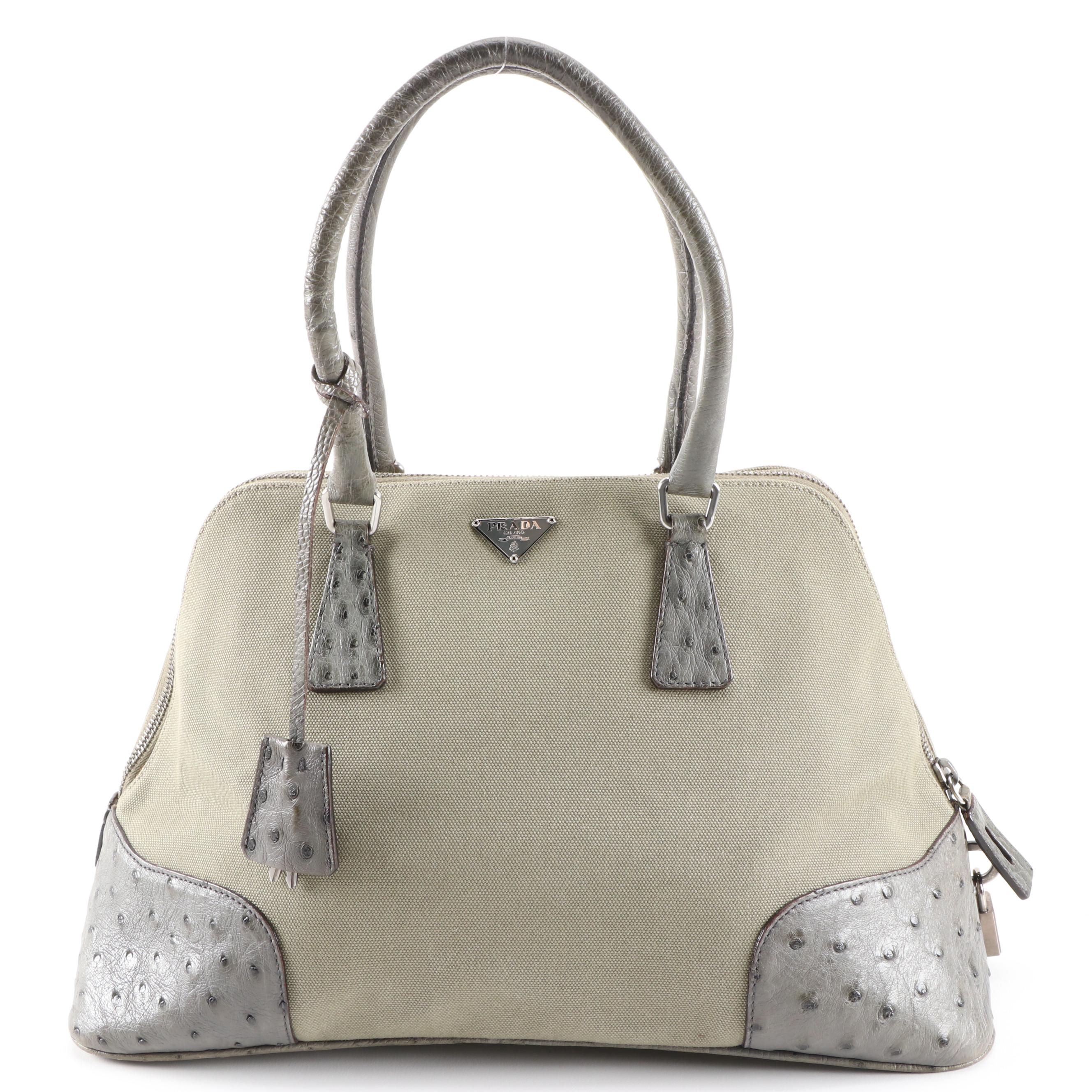 Prada Domed Handbag in Green Canapa Canvas with Ostrich Leather Trim