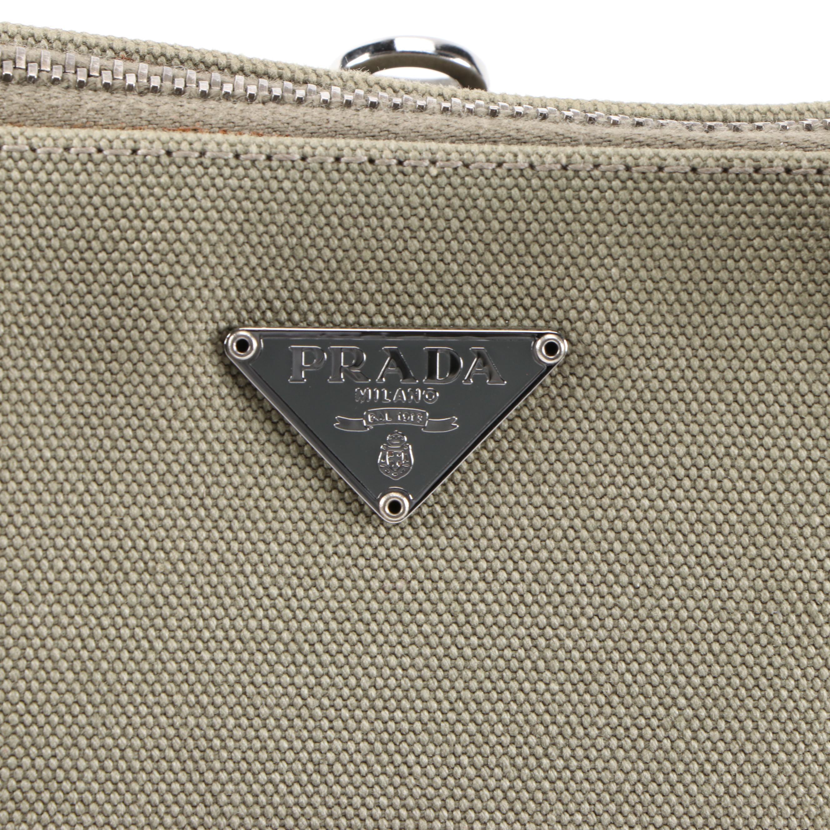 Prada Domed Handbag in Green Canapa Canvas with Ostrich Leather Trim