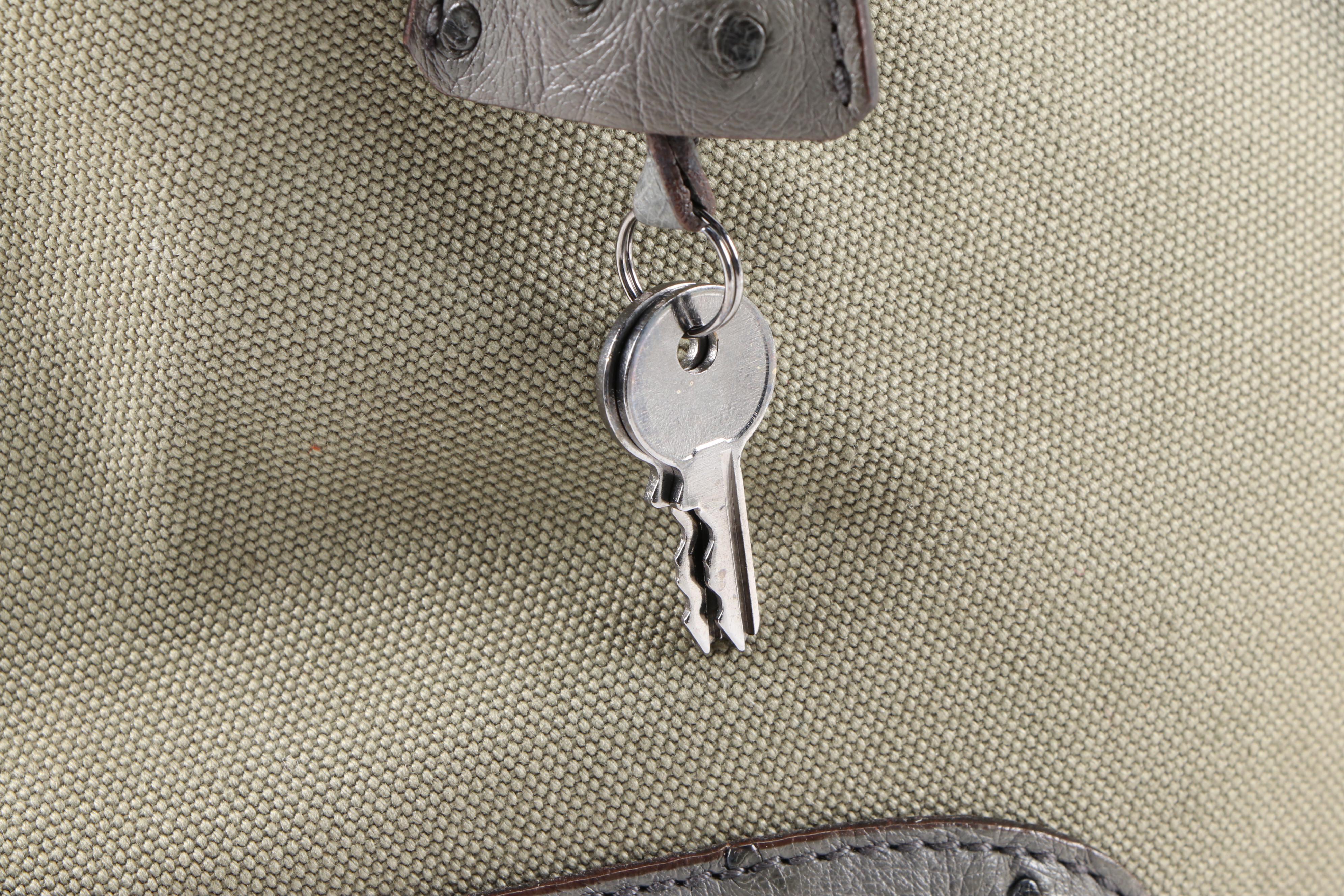 Prada Domed Handbag in Green Canapa Canvas with Ostrich Leather Trim