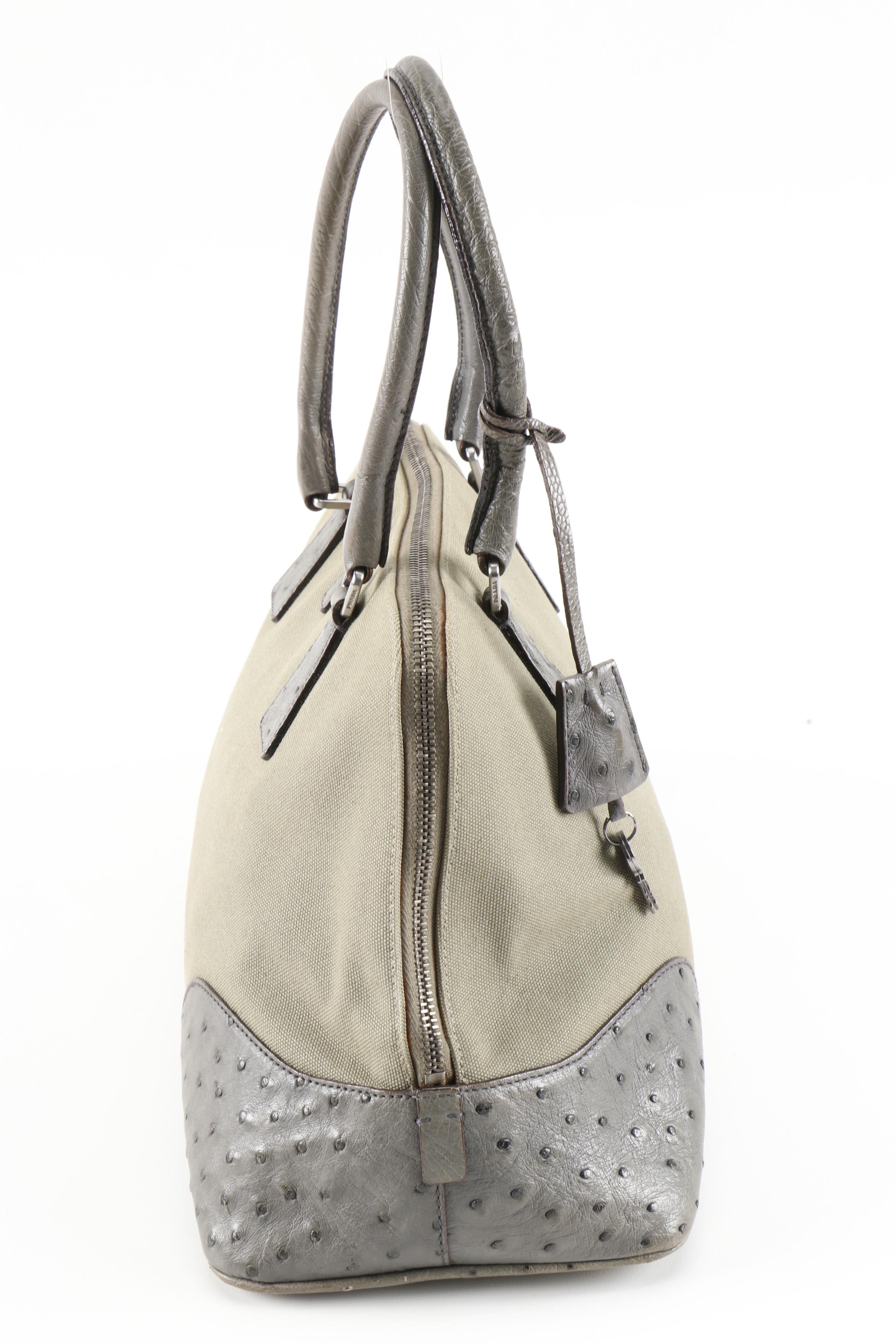 Prada Domed Handbag in Green Canapa Canvas with Ostrich Leather Trim