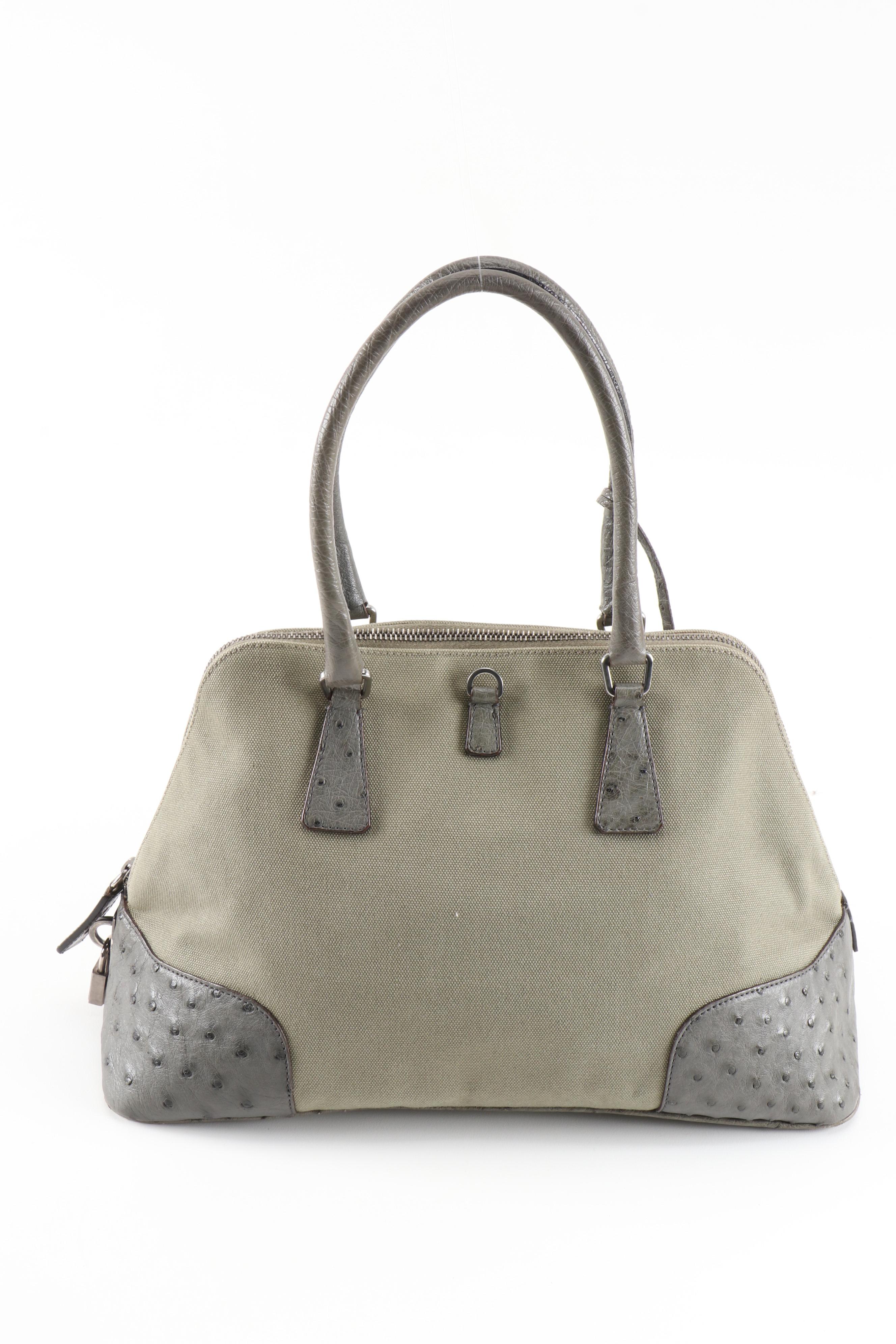 Prada Domed Handbag in Green Canapa Canvas with Ostrich Leather Trim