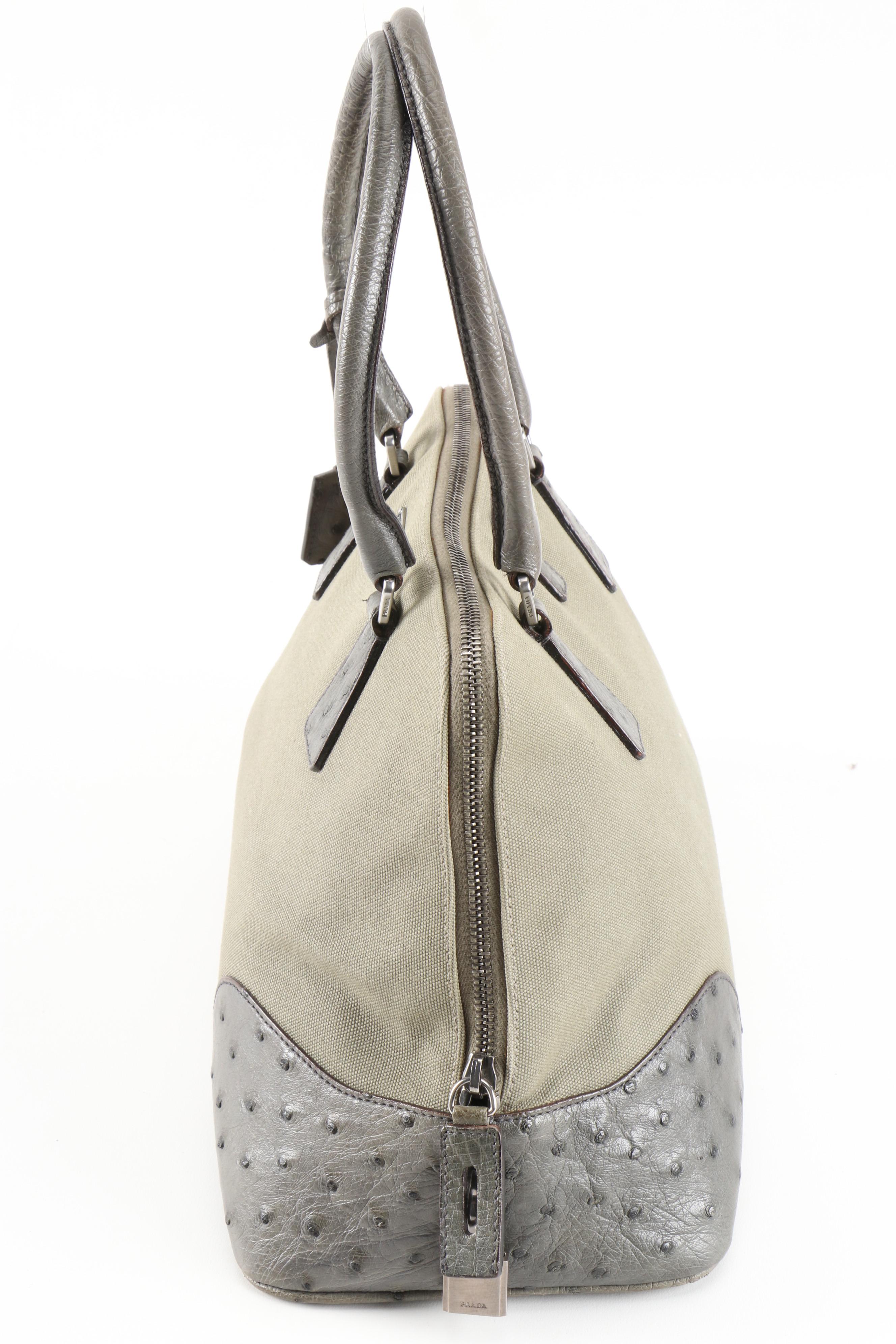 Prada Domed Handbag in Green Canapa Canvas with Ostrich Leather Trim