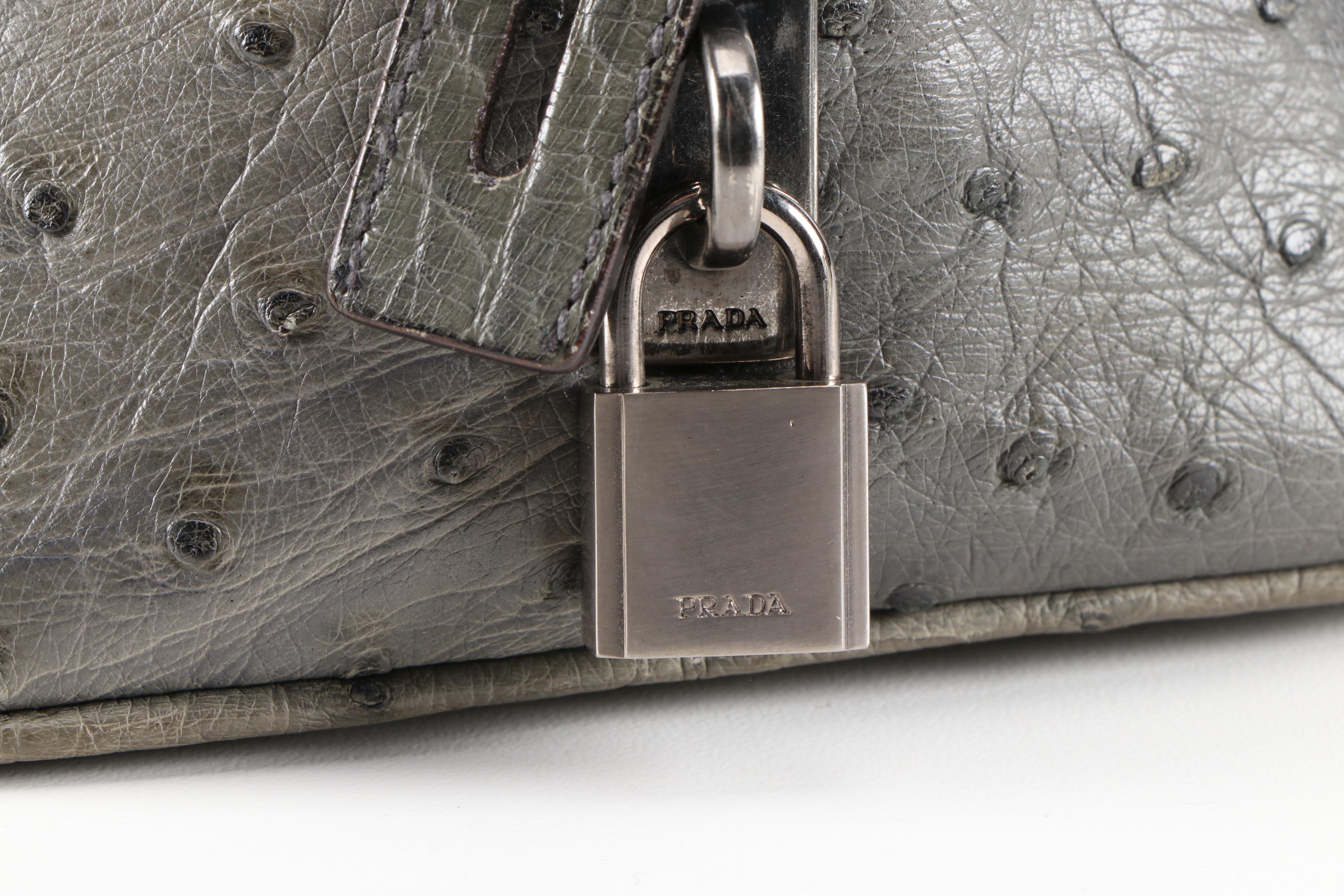 Prada Domed Handbag in Green Canapa Canvas with Ostrich Leather Trim