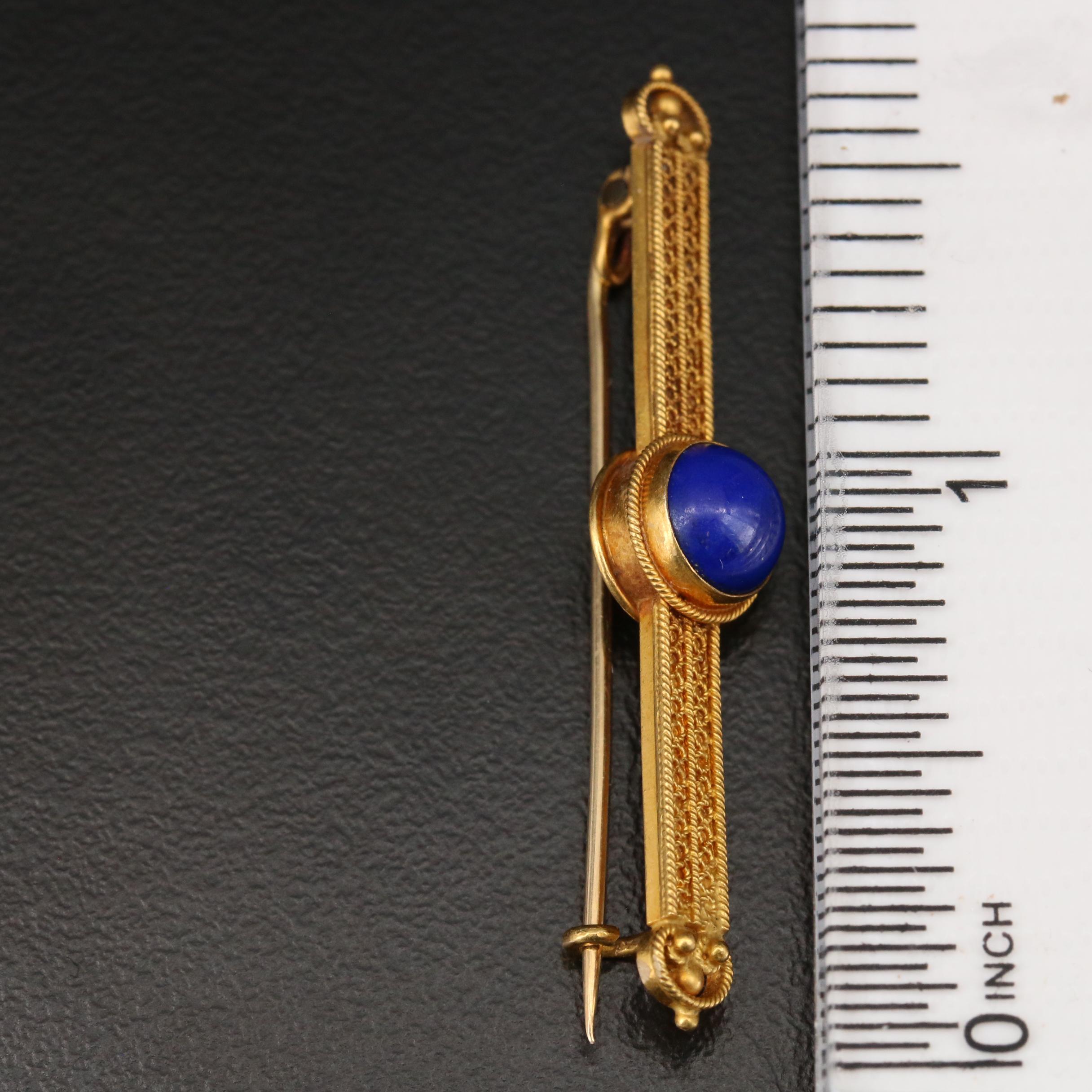 Mid-Victorian 14K Gold Lapis Lazuli Bar Brooch