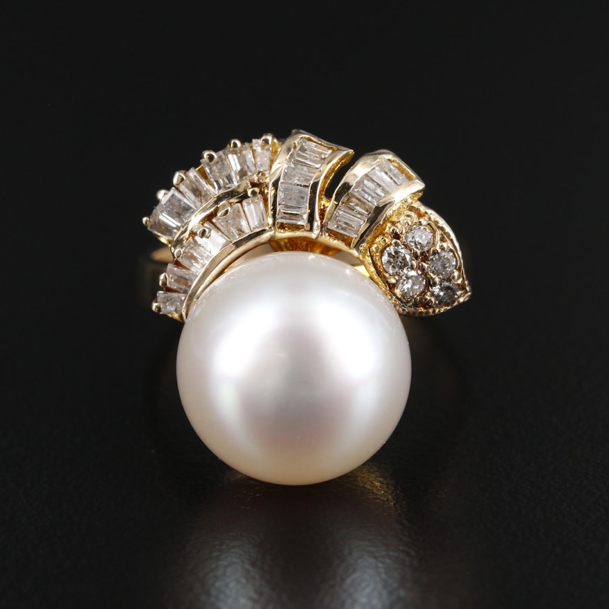 14K Yellow Gold Cultured Pearl and Diamond Ring