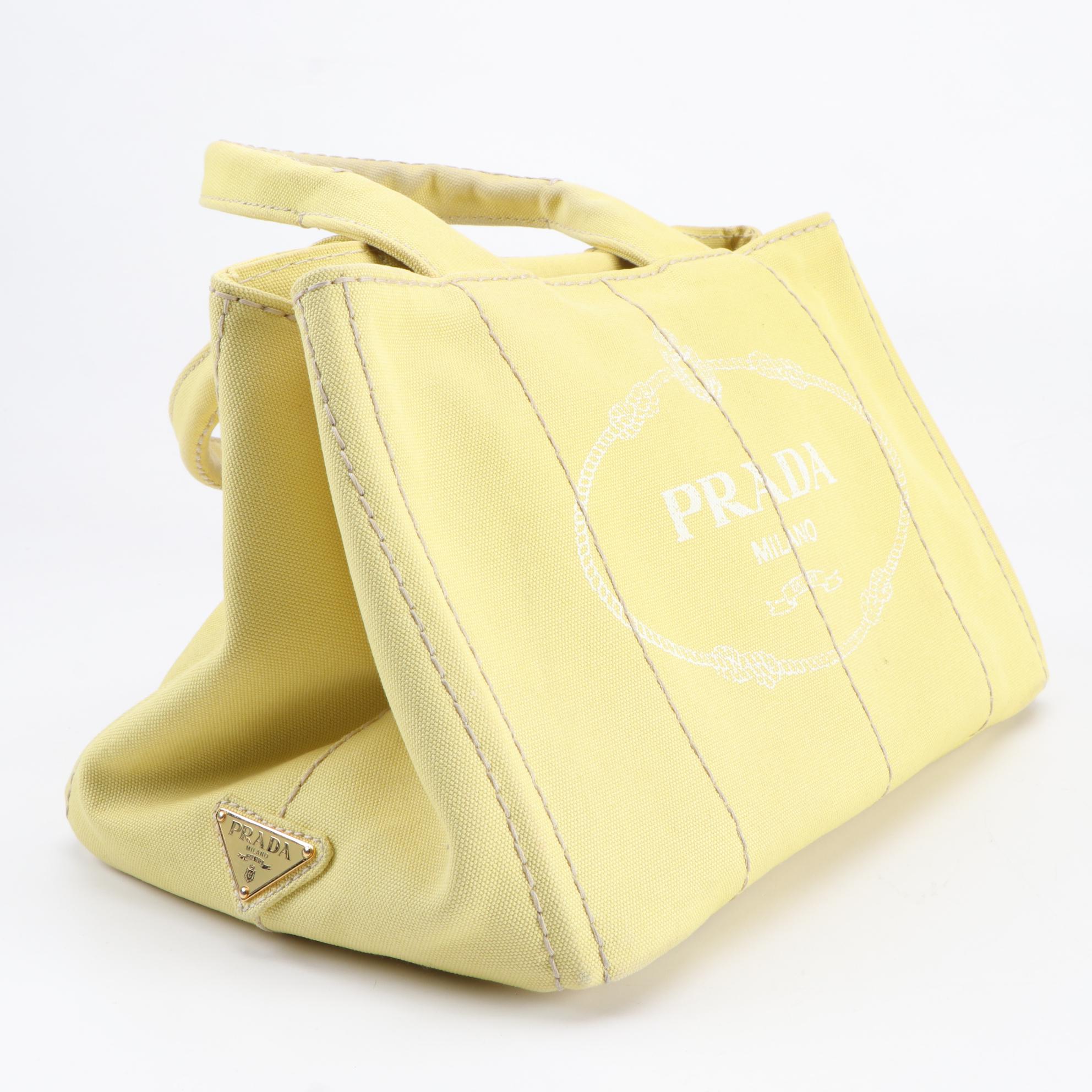 Prada Yellow Canapa Canvas Satchel with Contrast Stitching