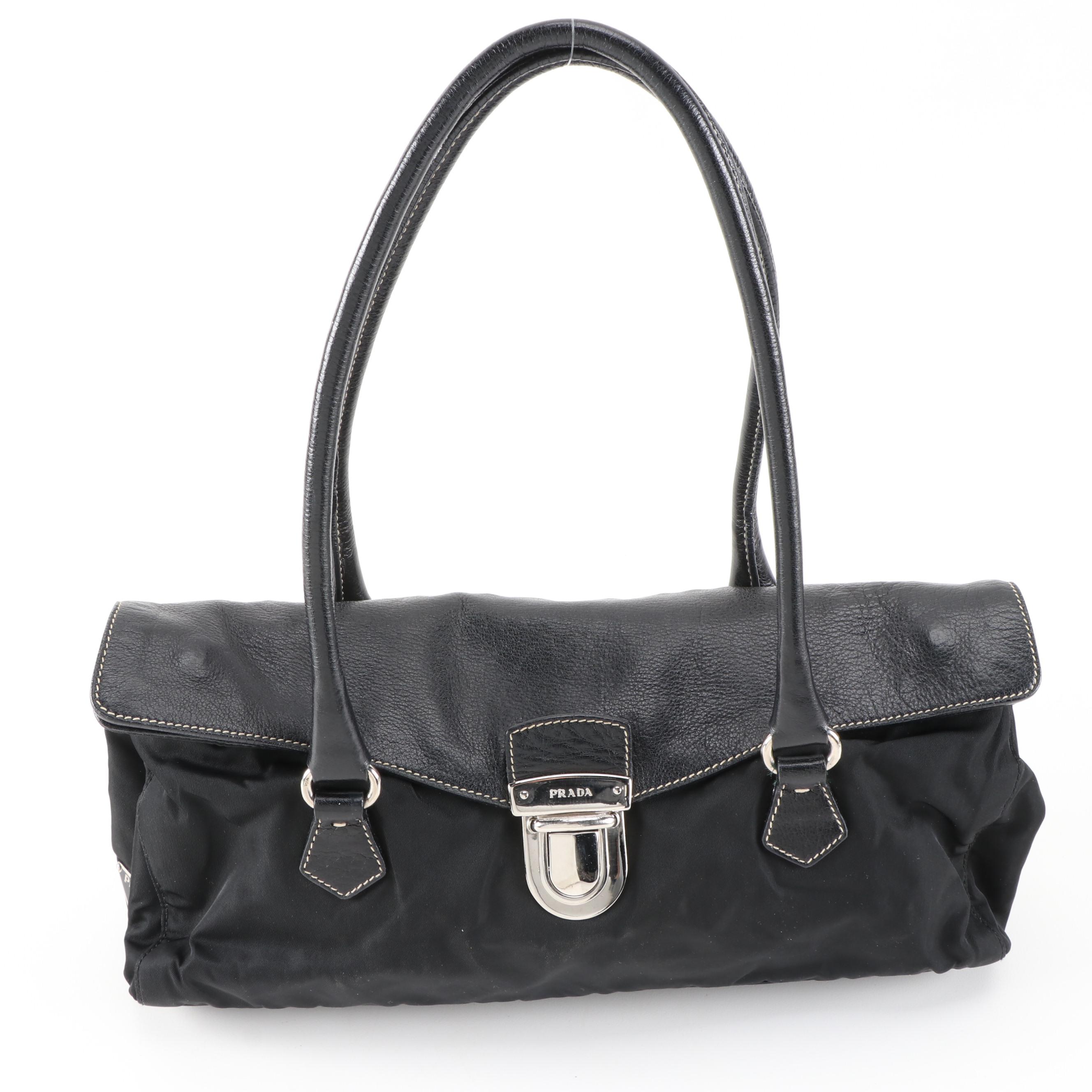 Prada Double Flap Shoulder Bag in Nero Tessuto Nylon and Grained Leather