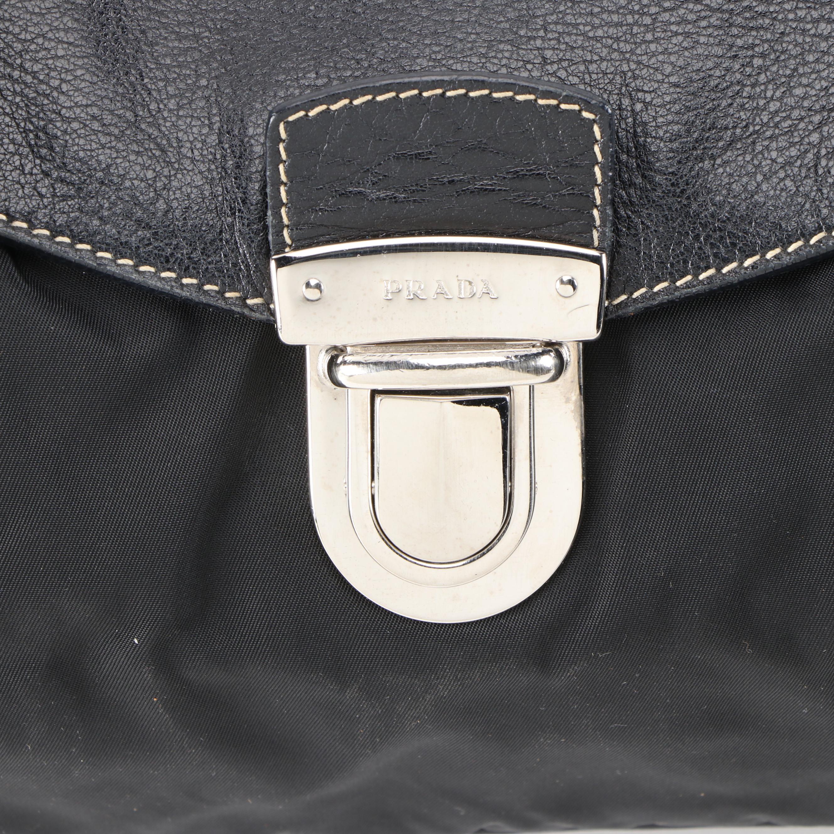 Prada Double Flap Shoulder Bag in Nero Tessuto Nylon and Grained Leather