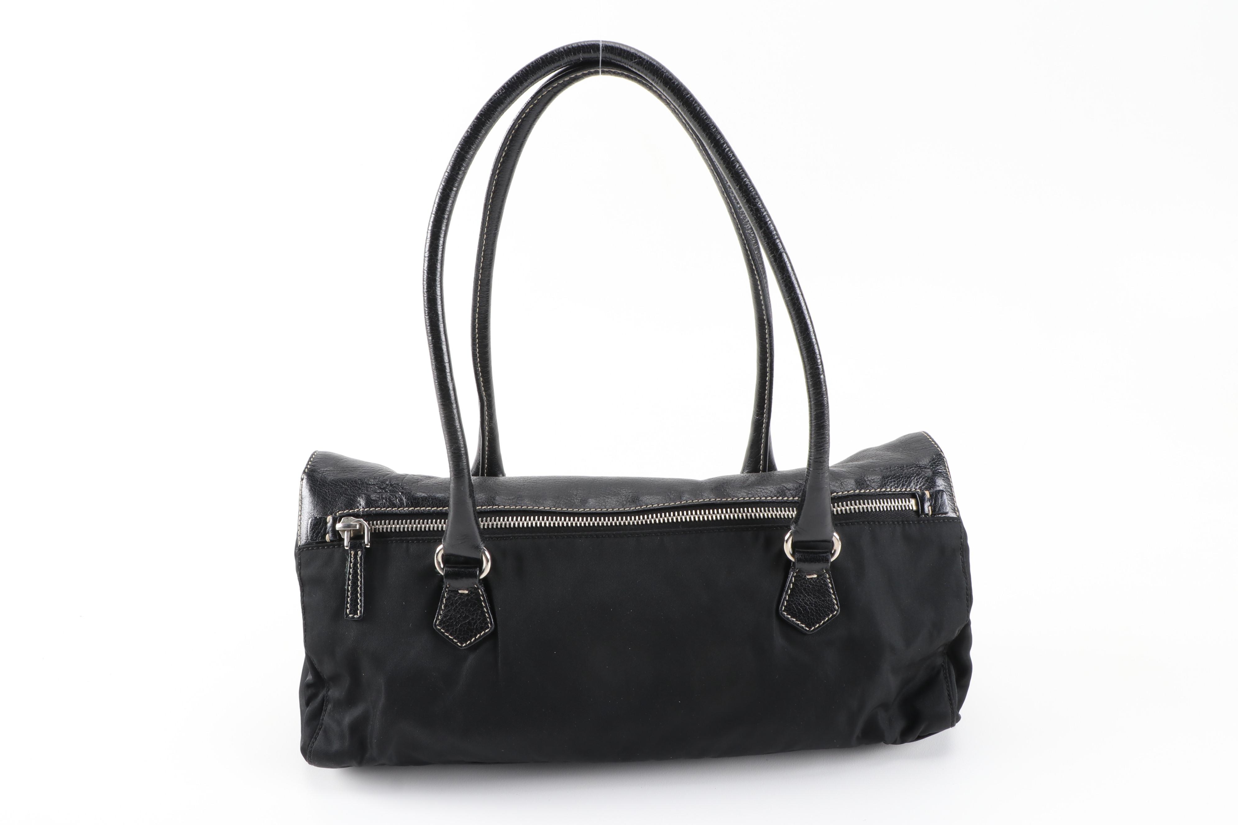 Prada Double Flap Shoulder Bag in Nero Tessuto Nylon and Grained Leather