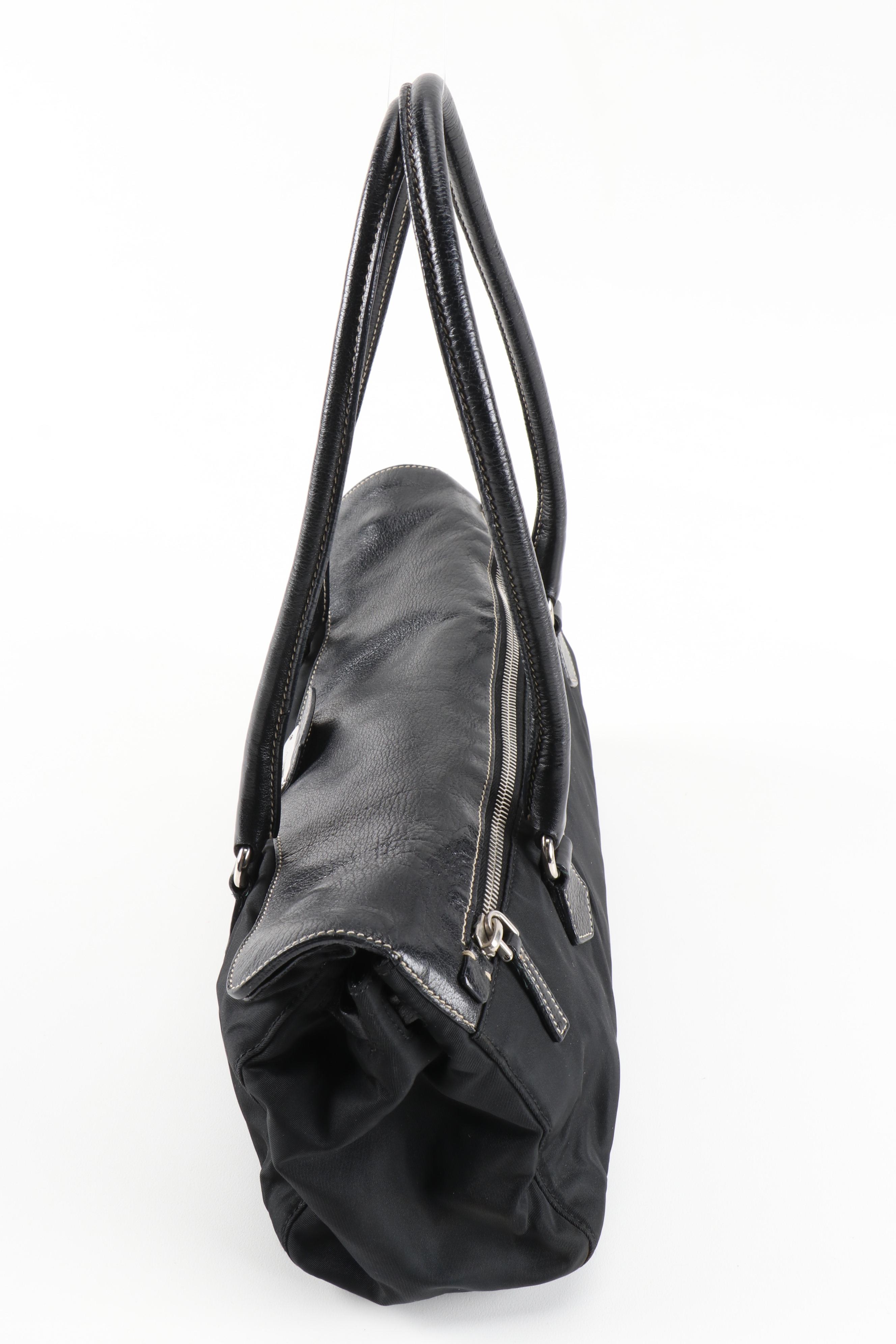 Prada Double Flap Shoulder Bag in Nero Tessuto Nylon and Grained Leather