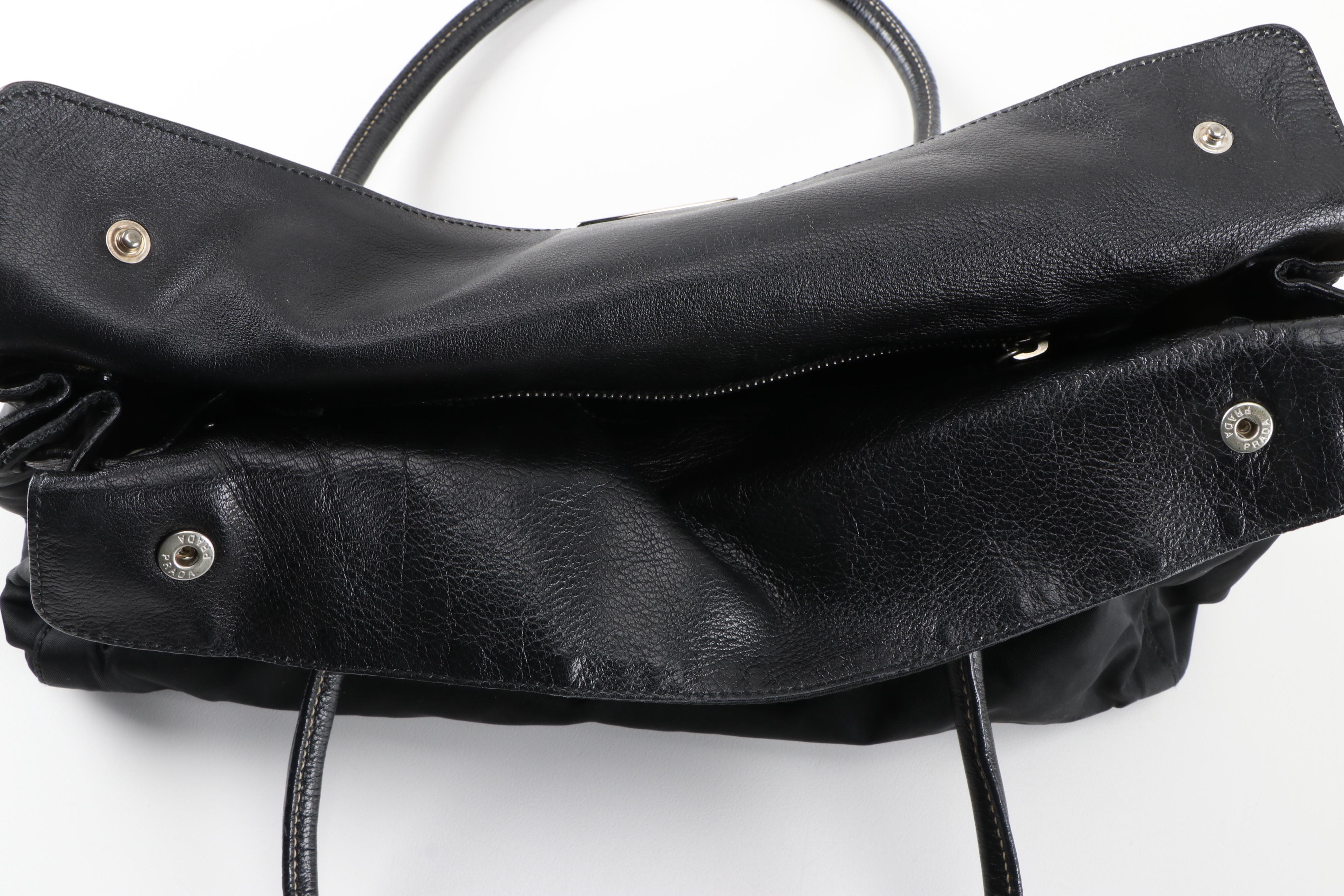 Prada Double Flap Shoulder Bag in Nero Tessuto Nylon and Grained Leather