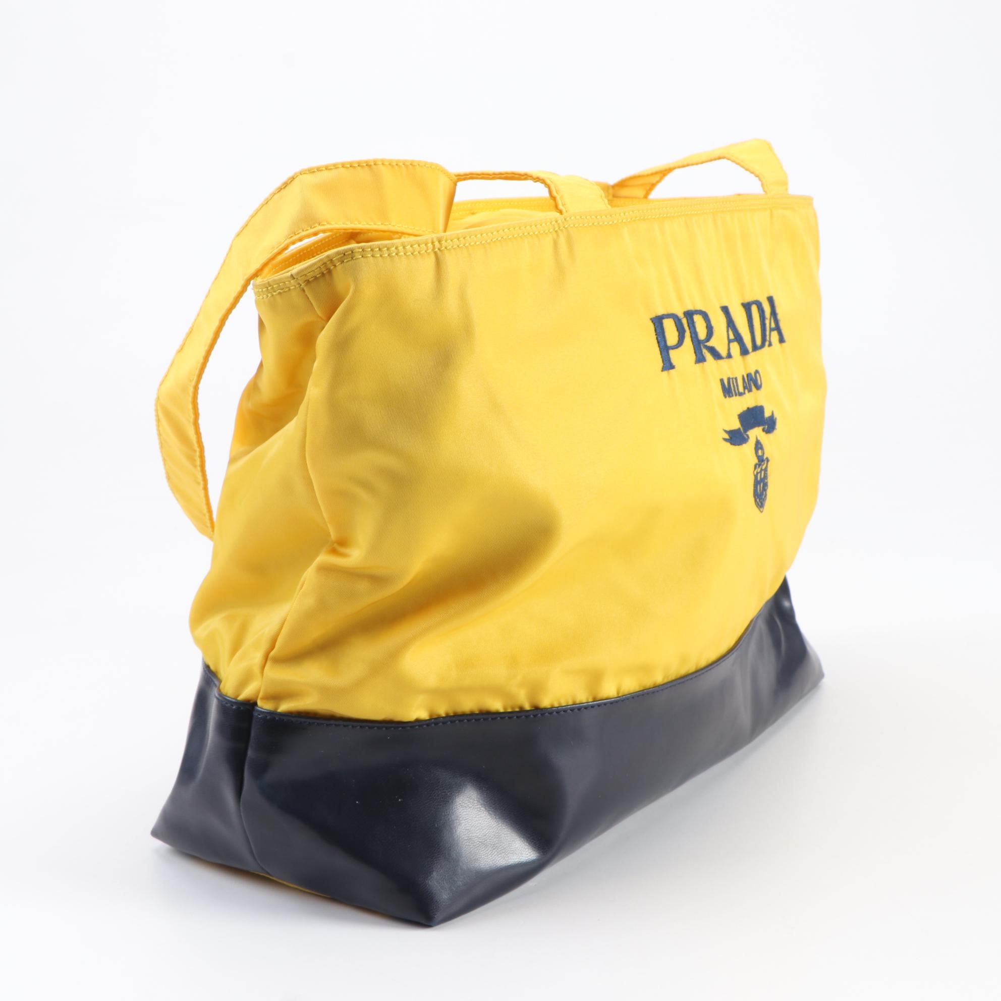 Prada Milano Yellow Nylon and Navy Leather Tote