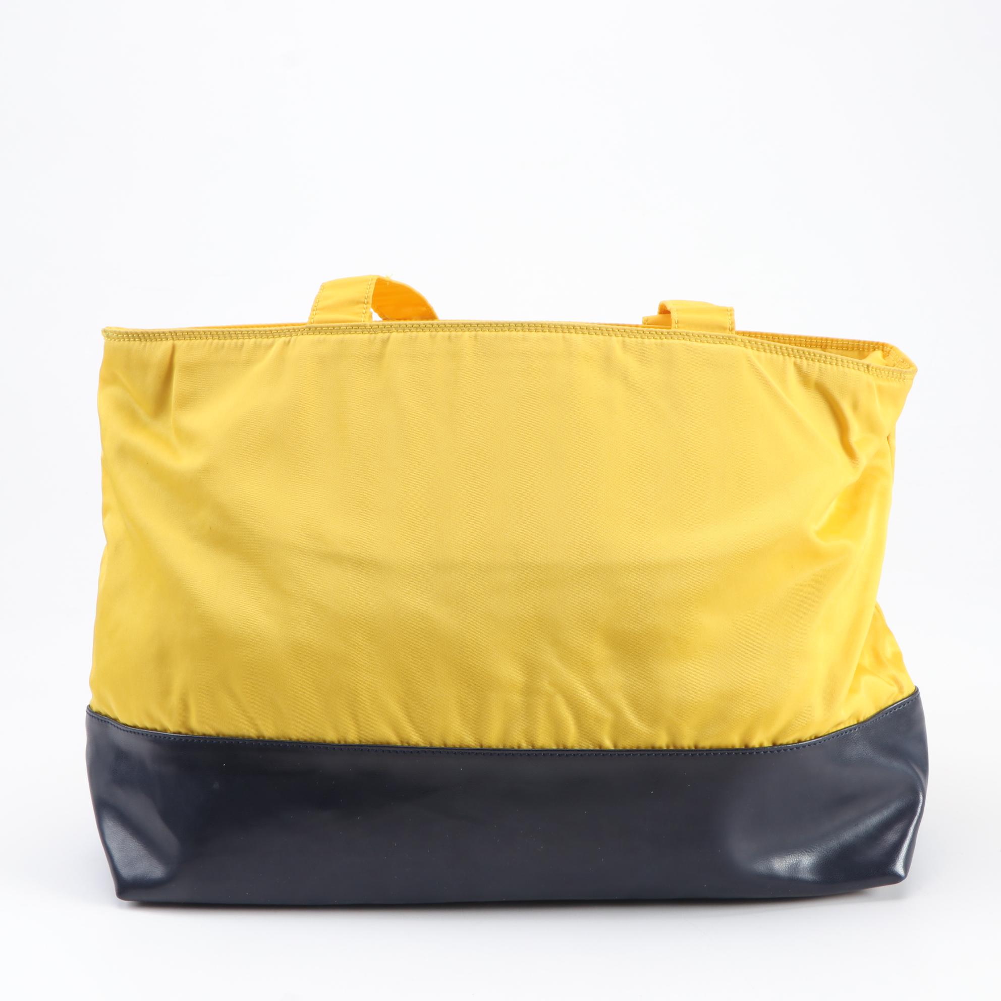 Prada Milano Yellow Nylon and Navy Leather Tote