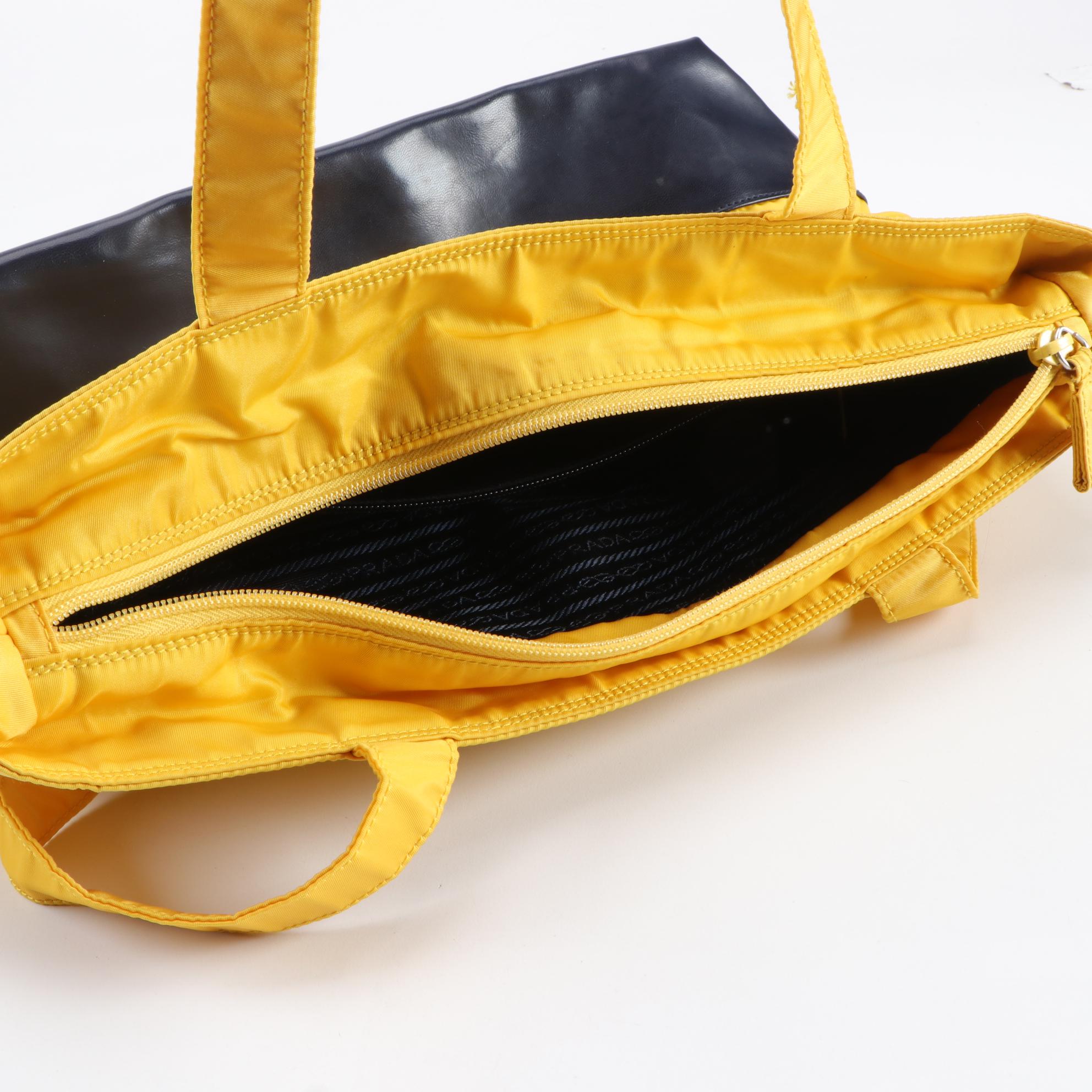 Prada Milano Yellow Nylon and Navy Leather Tote