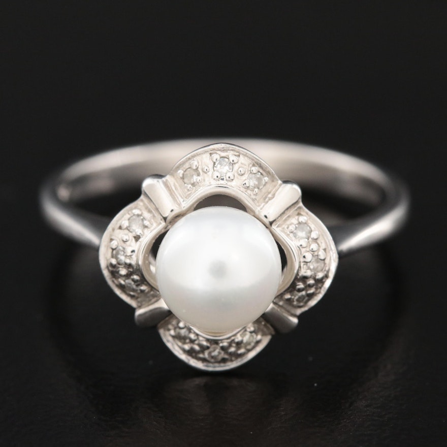 10K White Gold Pearl and Diamond Ring