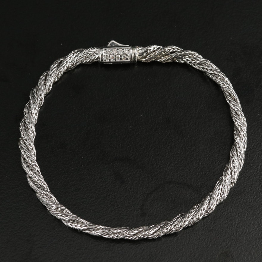 John Hardy "Twisted" Sterling Silver Bracelet with Diamond Lined Closure
