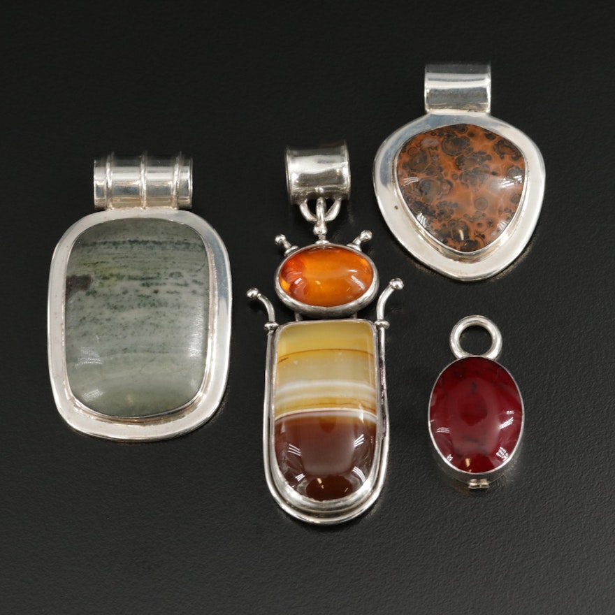 Sterling Bezel Set Gemstone Pendants Including Jasper, Agate and Amber