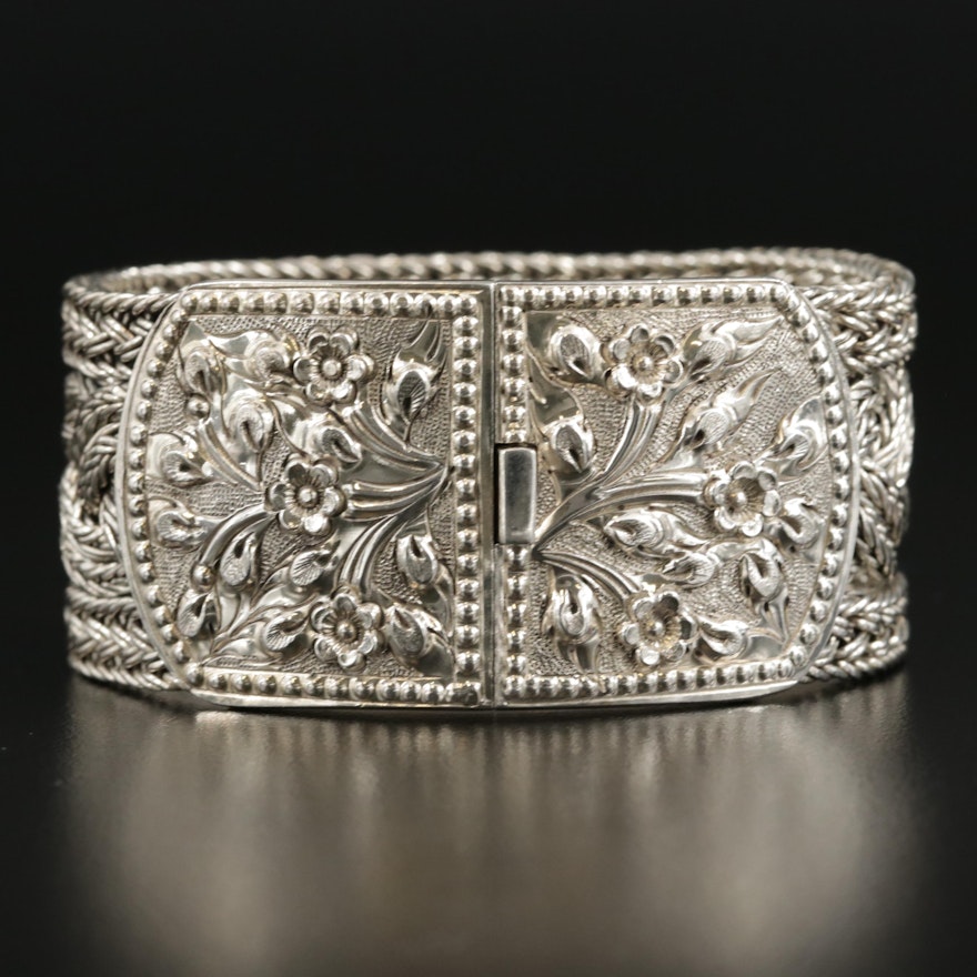 Sterling Silver Thai Braided Foxtail Bracelet with Floral Repoussé Clasp