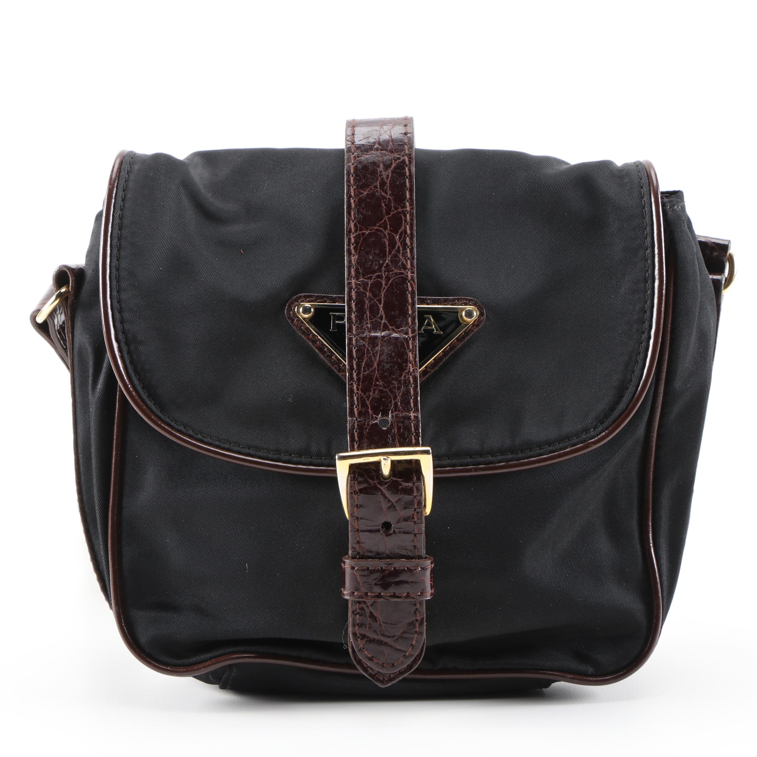 Prada Crossbody in Nero Tessuto Nylon and Faux Alligator Brown Glazed Leather