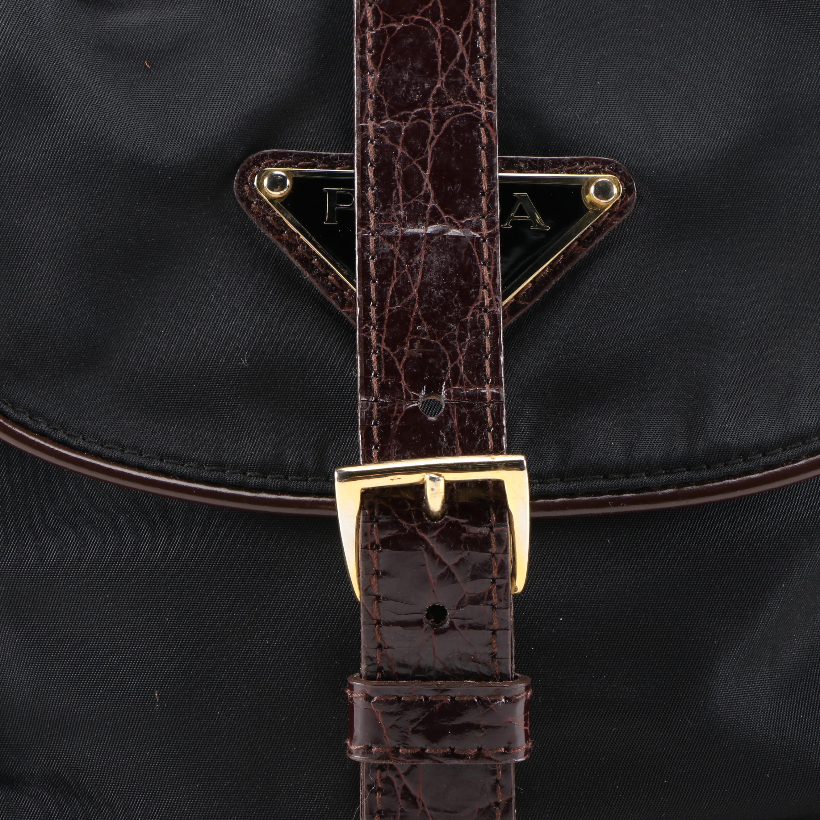 Prada Crossbody in Nero Tessuto Nylon and Faux Alligator Brown Glazed Leather