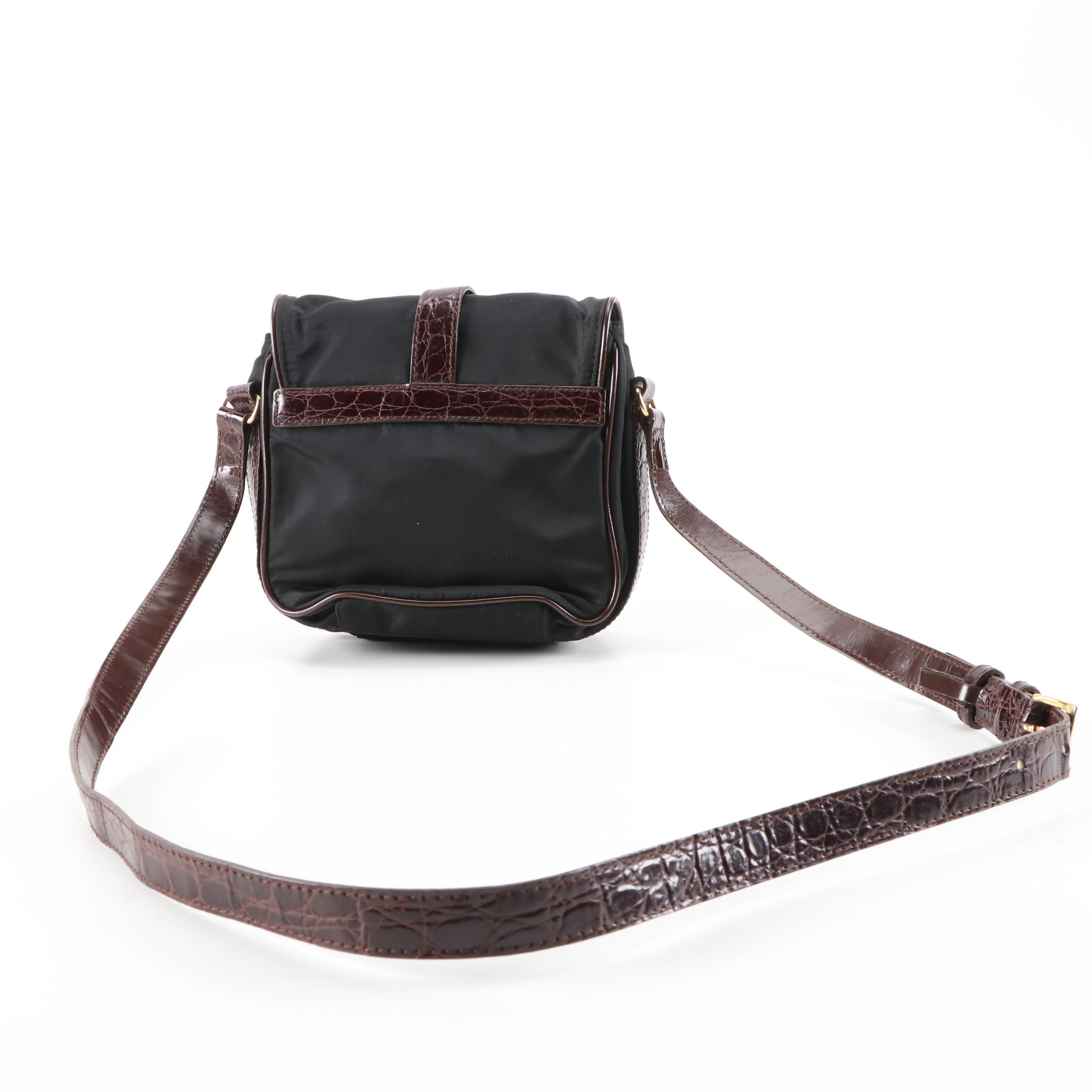 Prada Crossbody in Nero Tessuto Nylon and Faux Alligator Brown Glazed Leather