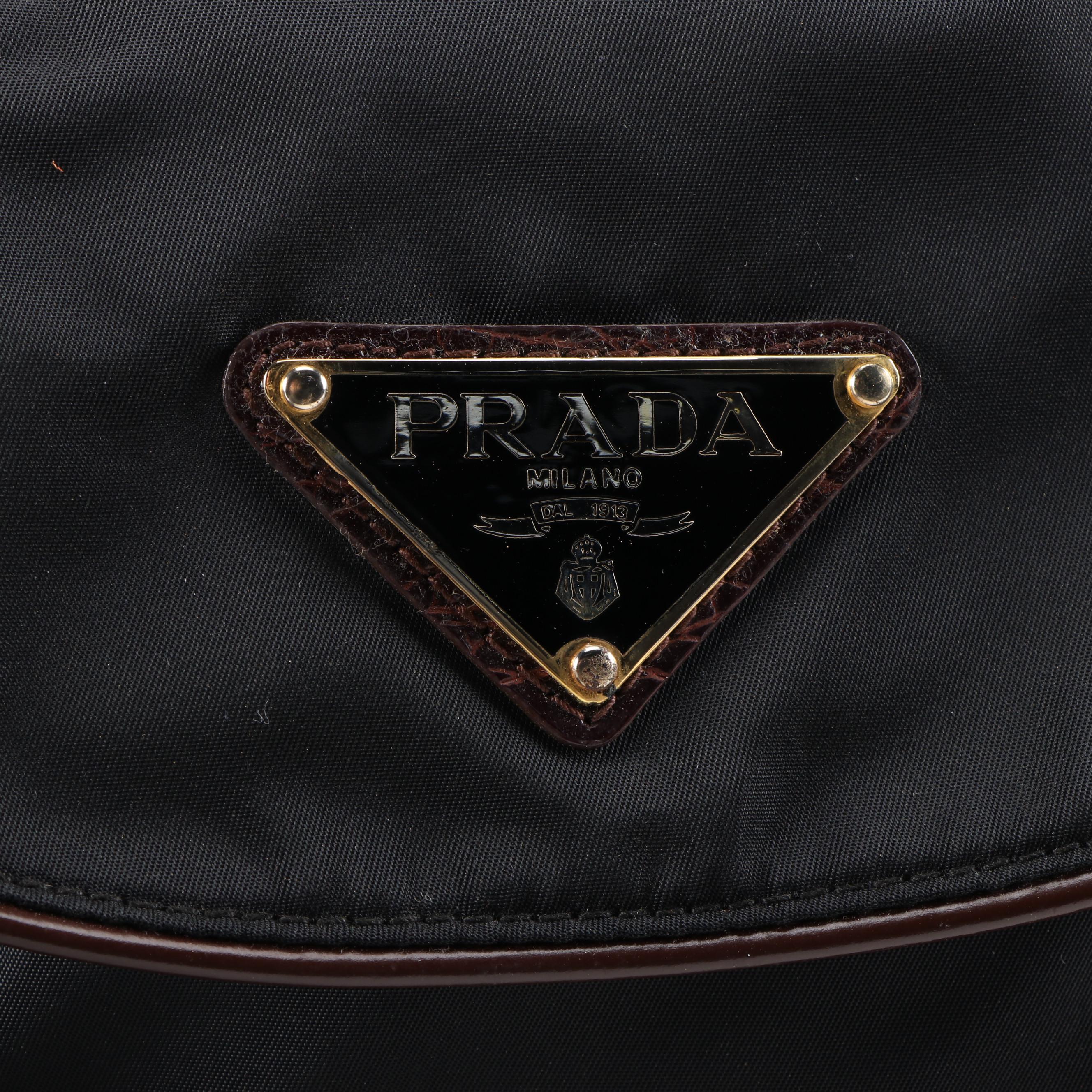 Prada Crossbody in Nero Tessuto Nylon and Faux Alligator Brown Glazed Leather