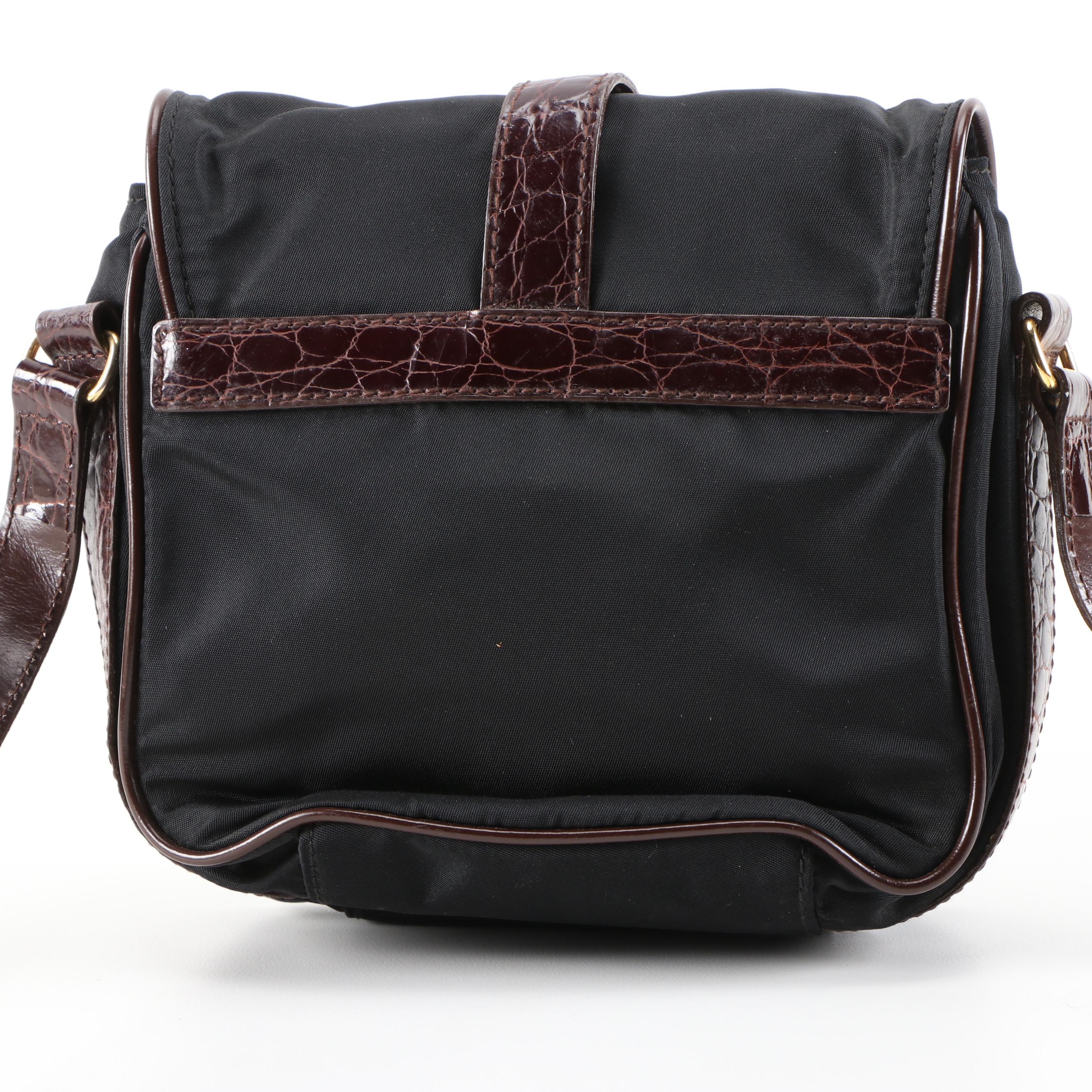 Prada Crossbody in Nero Tessuto Nylon and Faux Alligator Brown Glazed Leather