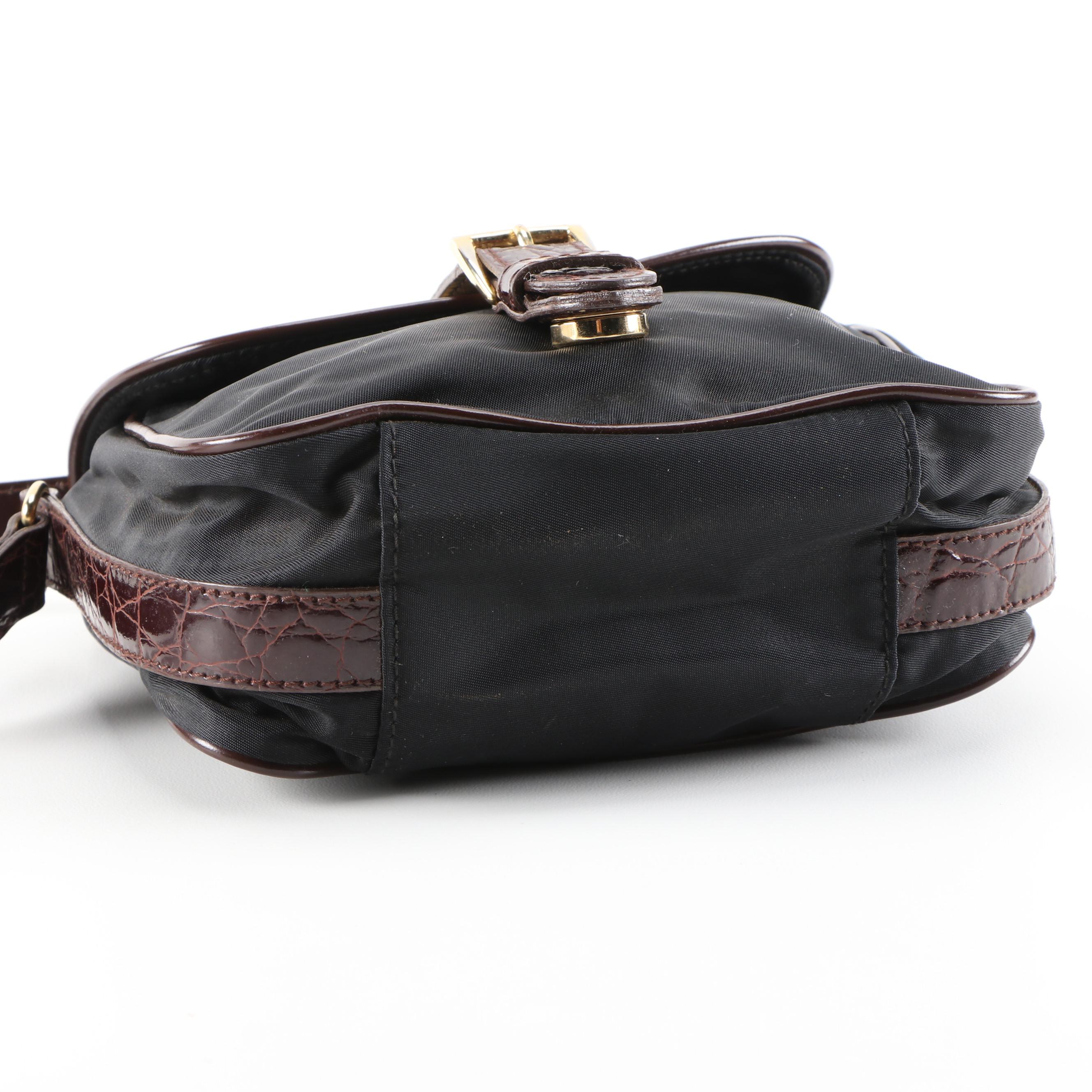 Prada Crossbody in Nero Tessuto Nylon and Faux Alligator Brown Glazed Leather