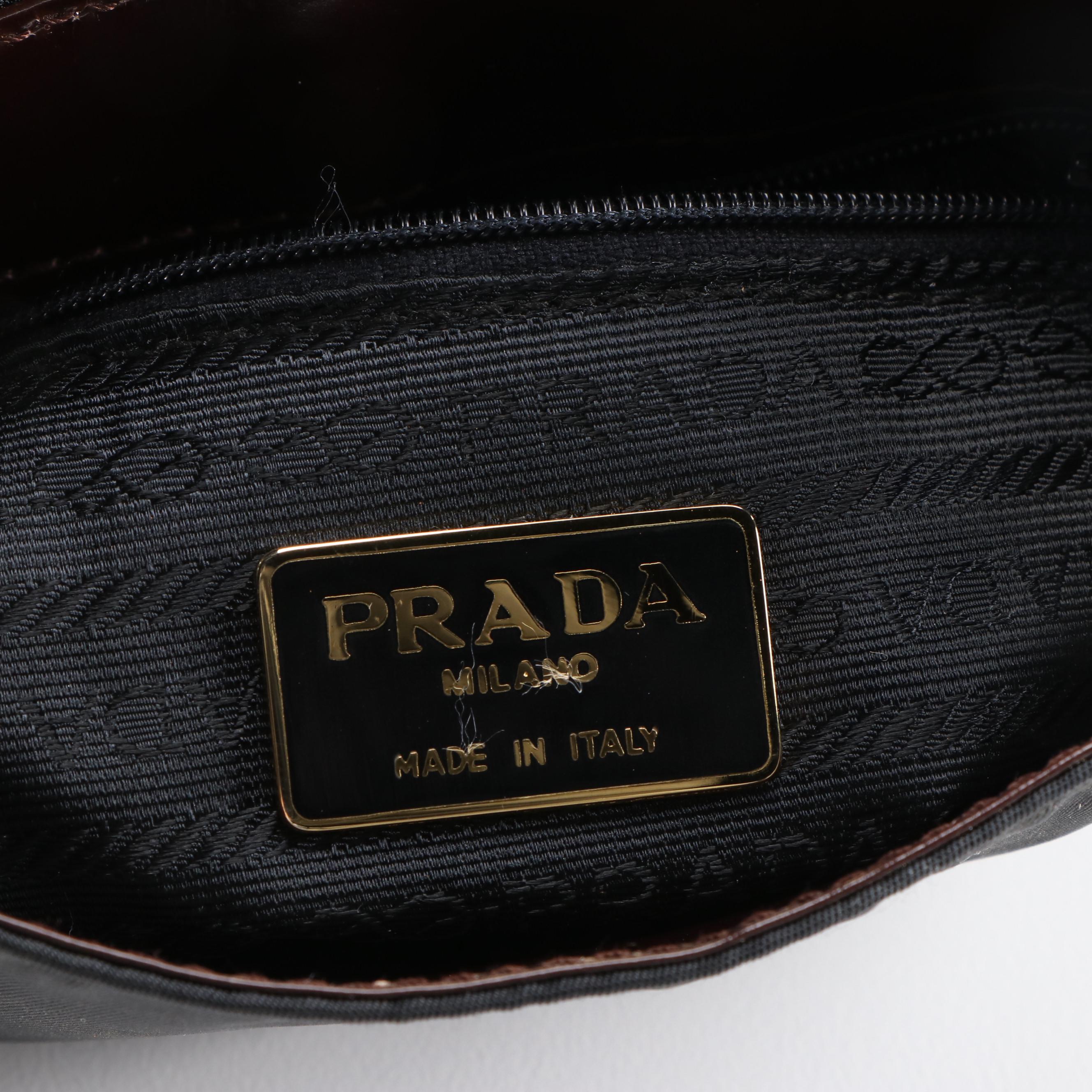 Prada Crossbody in Nero Tessuto Nylon and Faux Alligator Brown Glazed Leather