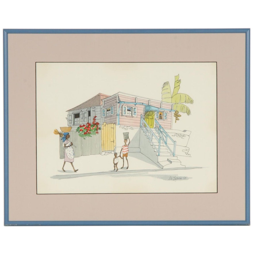 J.M. LaFaurie Antiguan Watercolor and Ink Village Scene, 1965