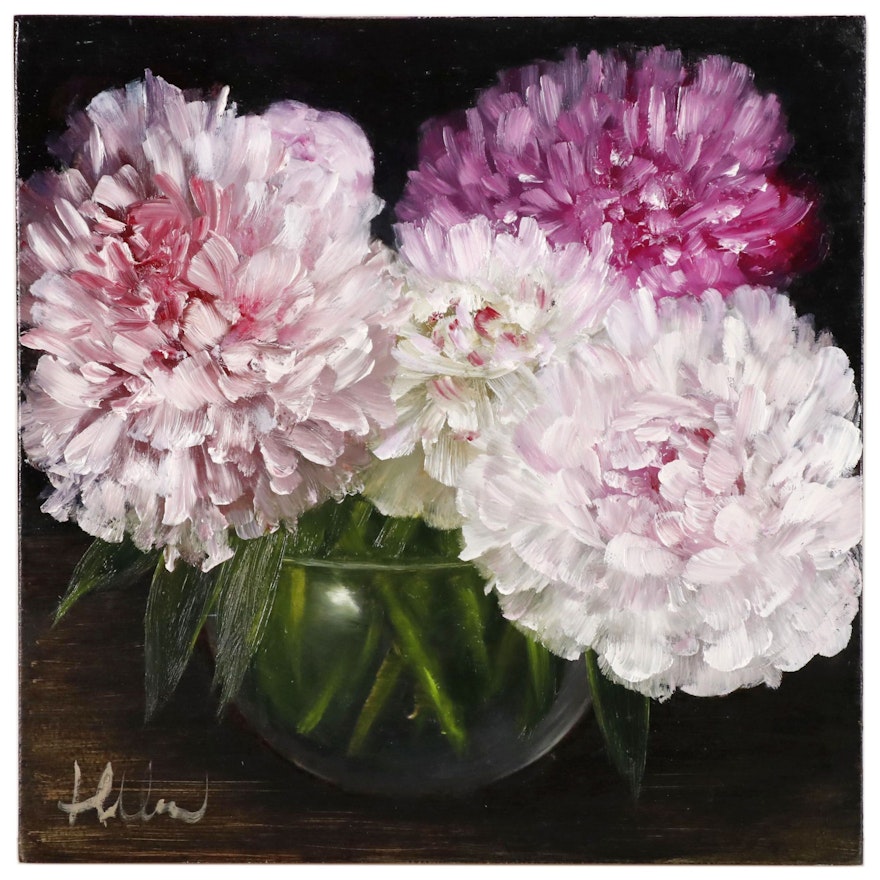 Thuthuy Tran Oil Painting "Peonies and Glass Vase"
