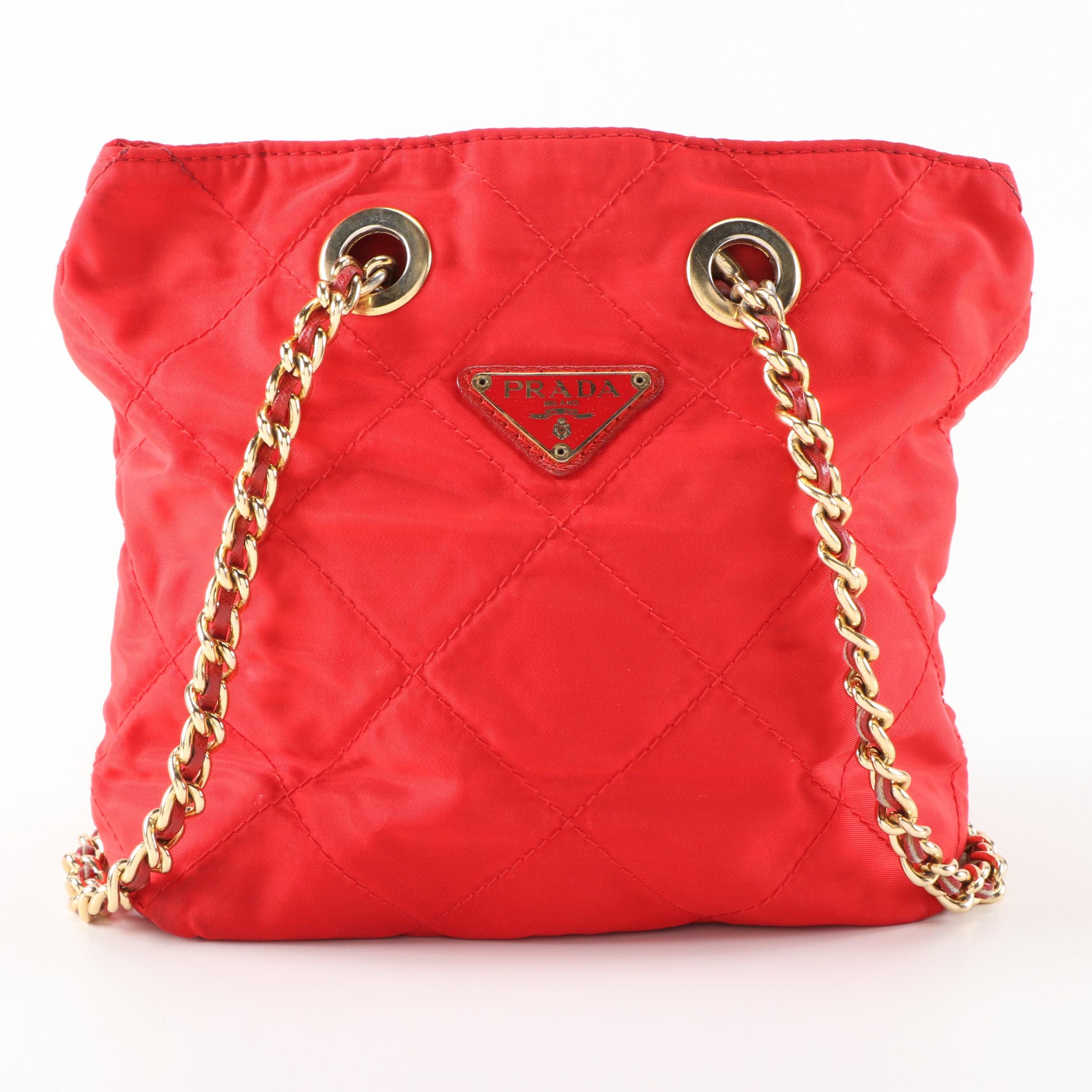 Prada Chain Shoulder Bag in Red Quilted Tessuto Nylon and Saffiano Leather Trim